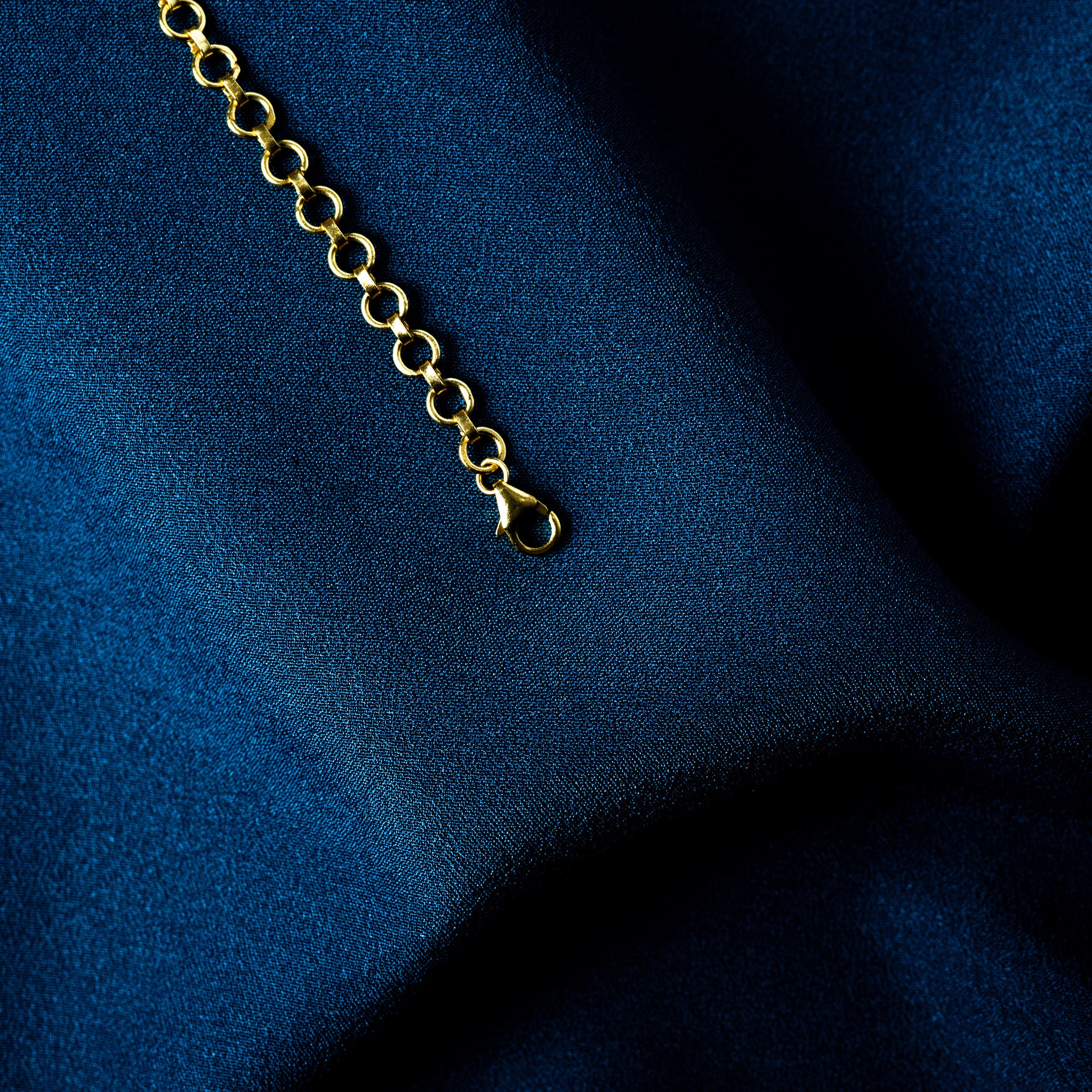 Macro of one lobster clasp end on an adjustable gold plated back chain