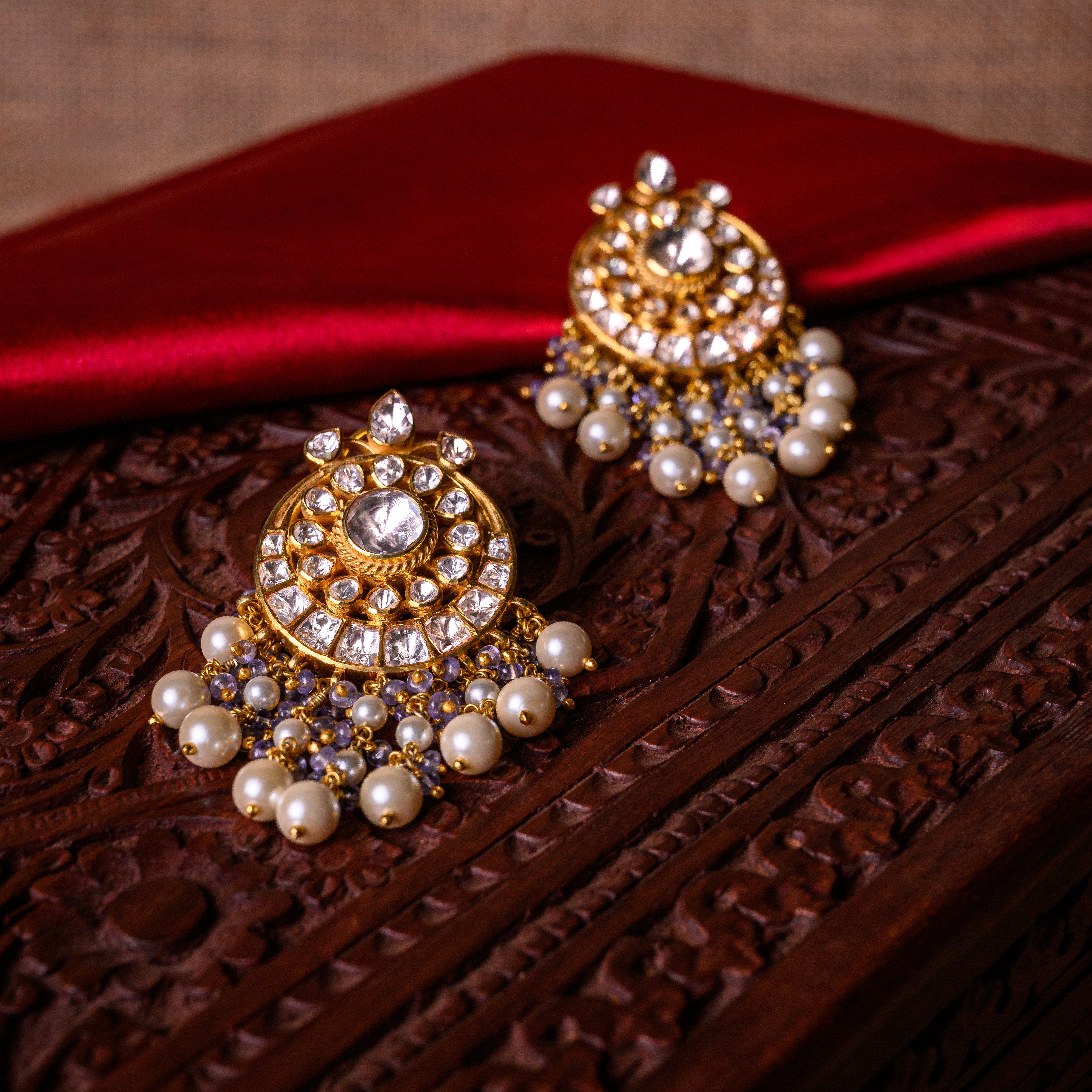 Close-up of Elysian Polki Hangings with freshwater pearl detailing