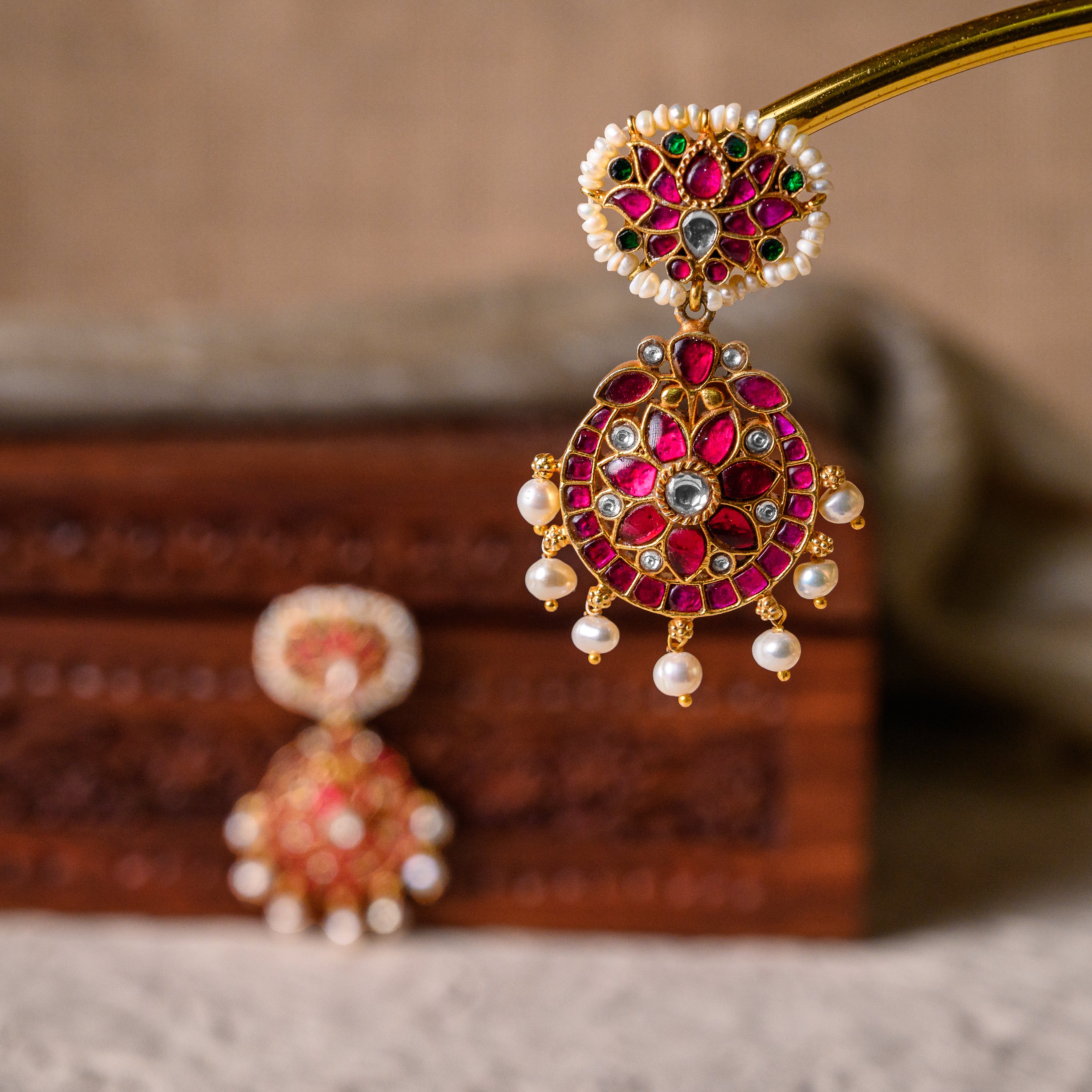 Bridal Kundan hanging earrings with pearl detailing
