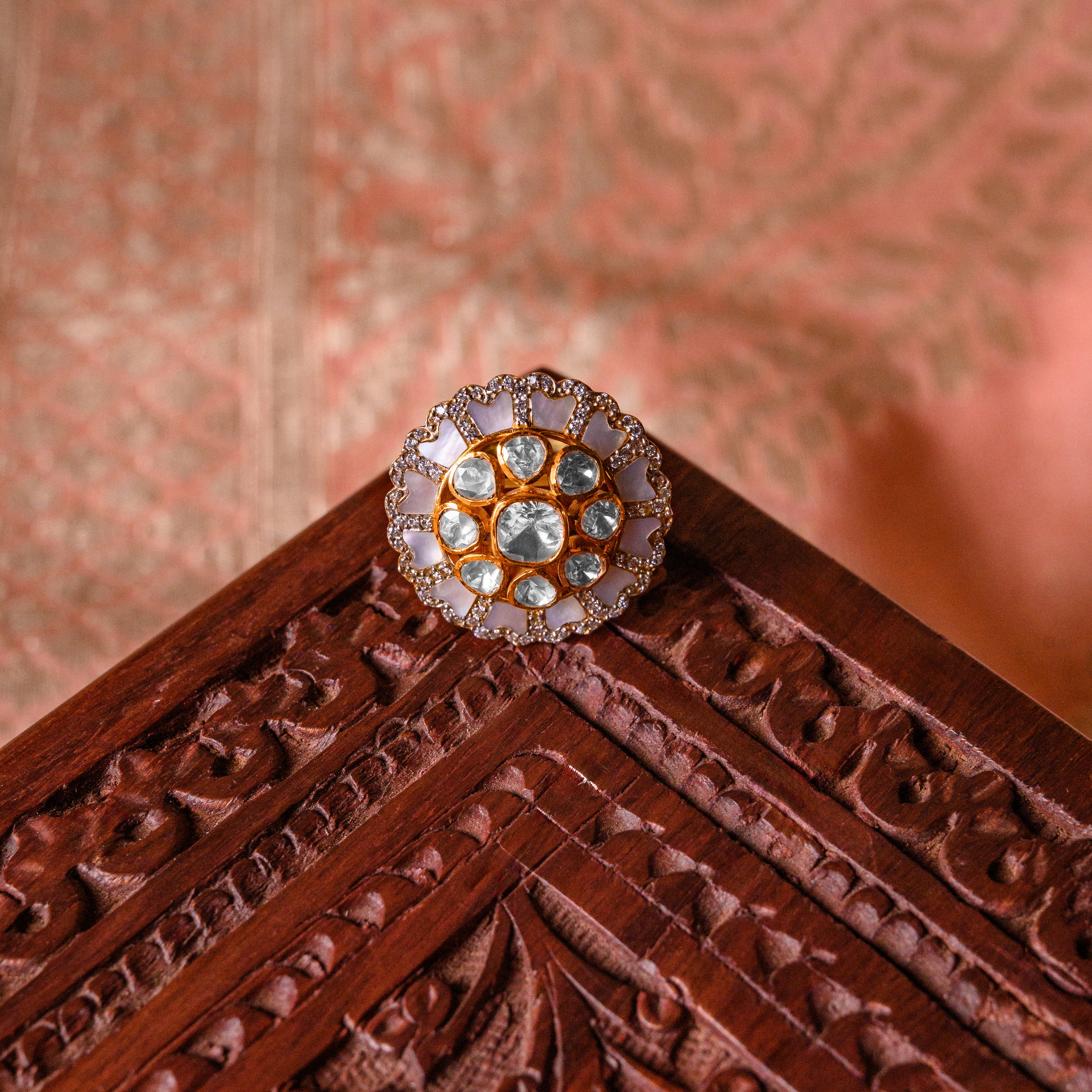 Top view of Solara Polki Ring highlighting mother of pearl polki setting