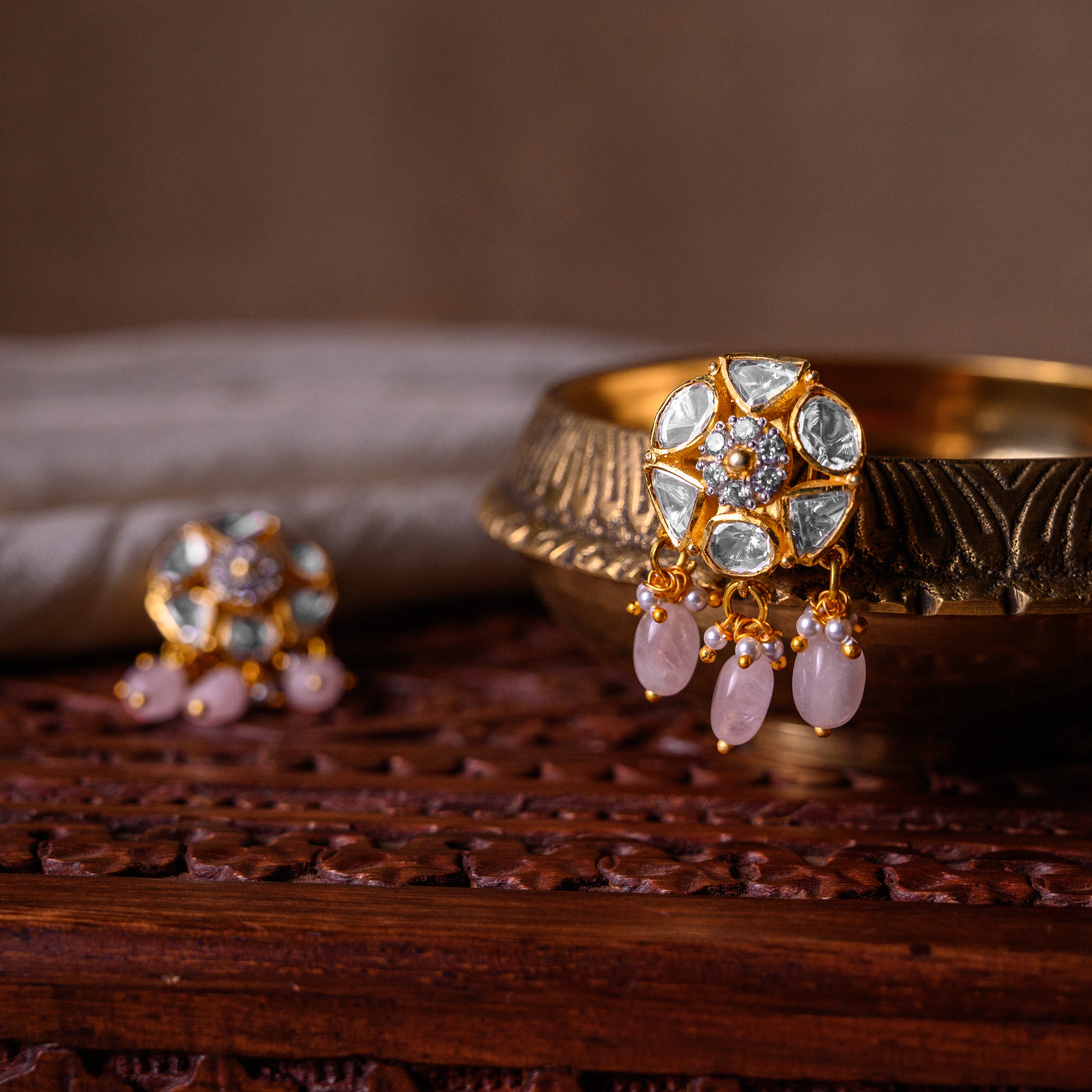 Petal Radiance Polki stud earrings with rose quartz detailing