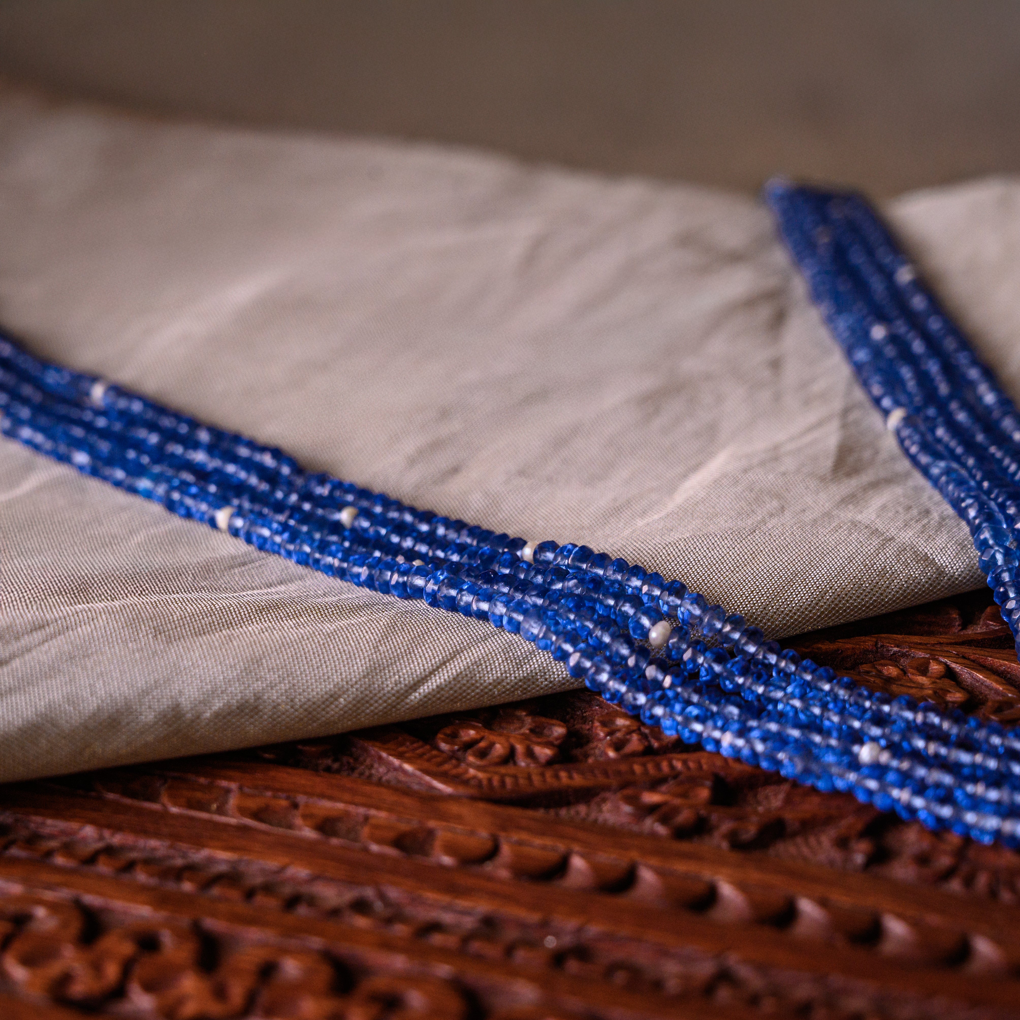 Iris Echo necklace chain with tanzanite beads and freshwater pearls