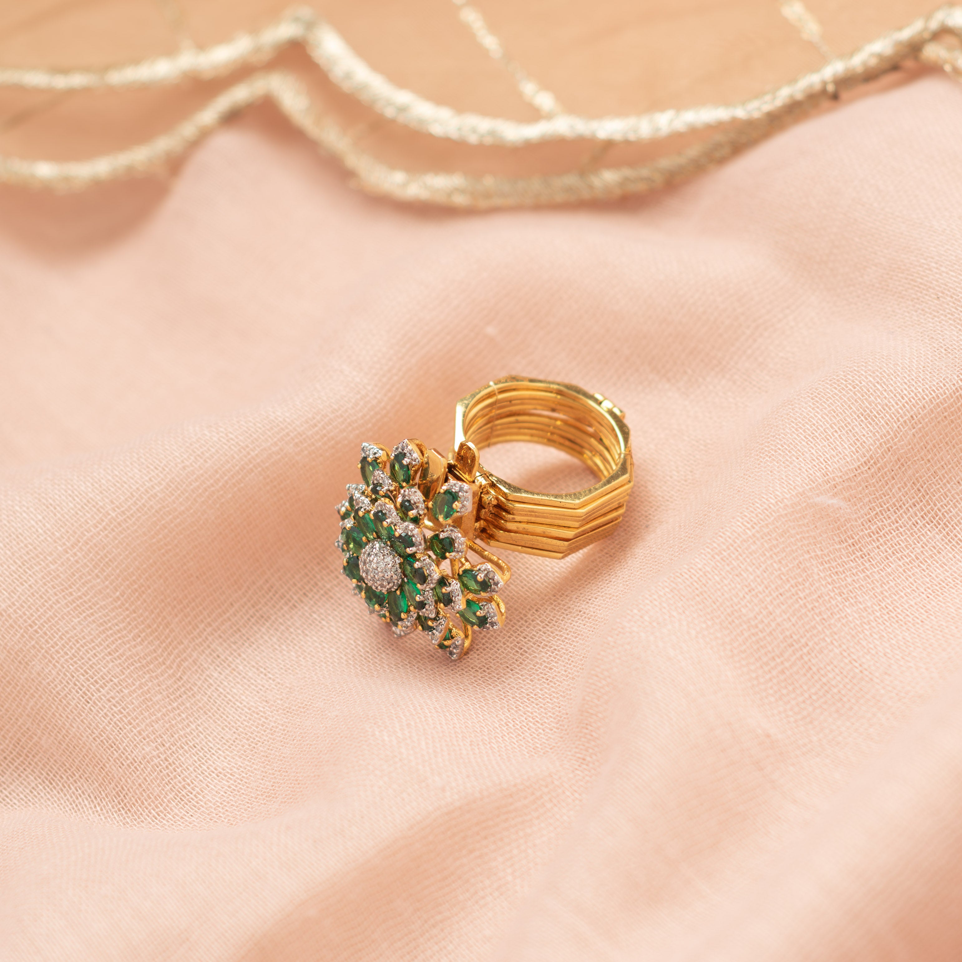 Avira green polki ring and bracelet set with gold finish for festive wear