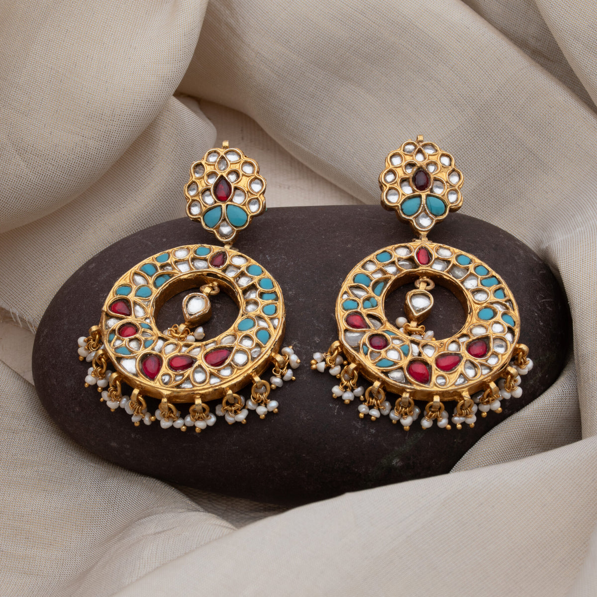 Turquoise and red kundan chand bali with white kundan petals and seed pearl fringe, gold plated 925 silver