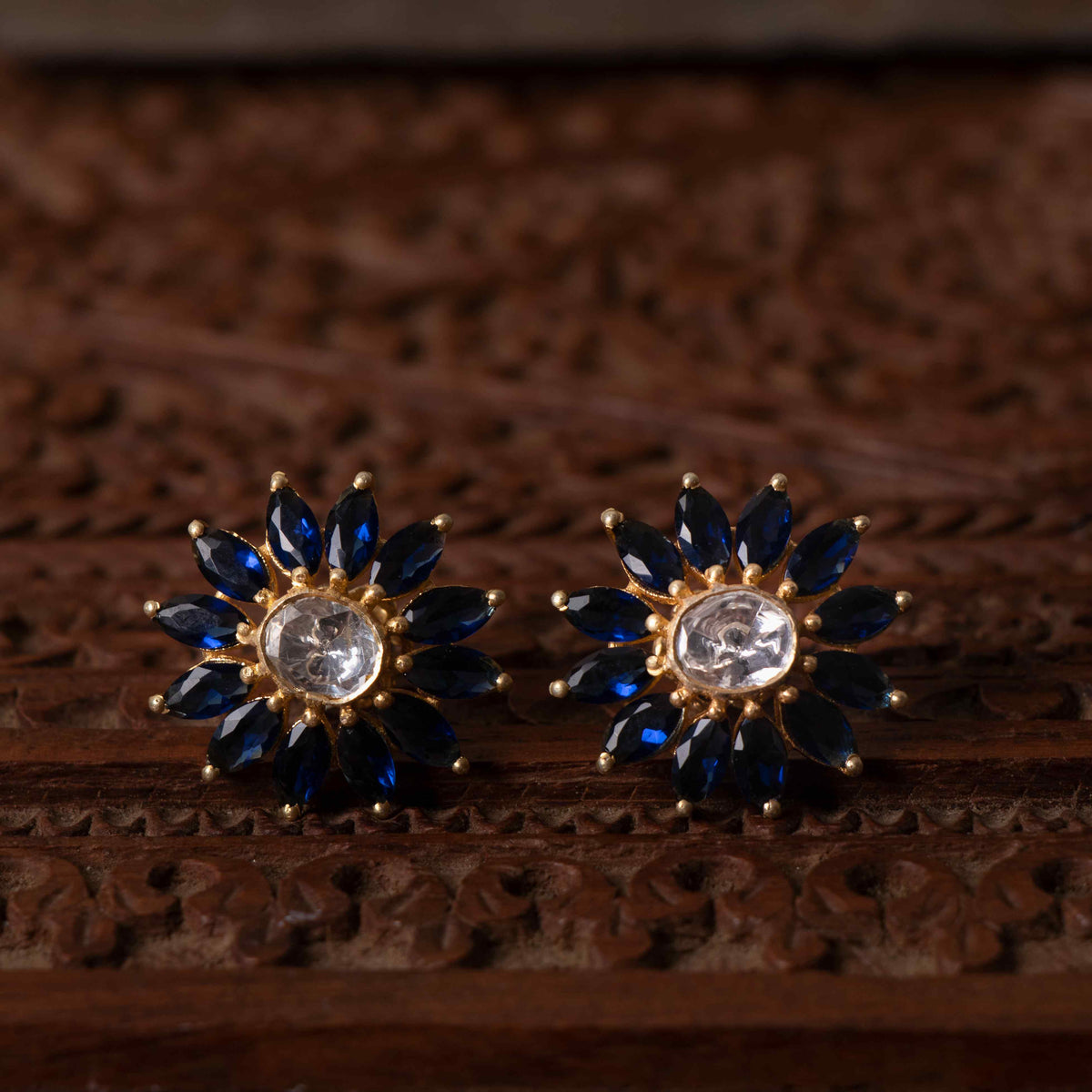 Sunflower studs with deep blue marquise petals and polki centre in gold plated 925 silver