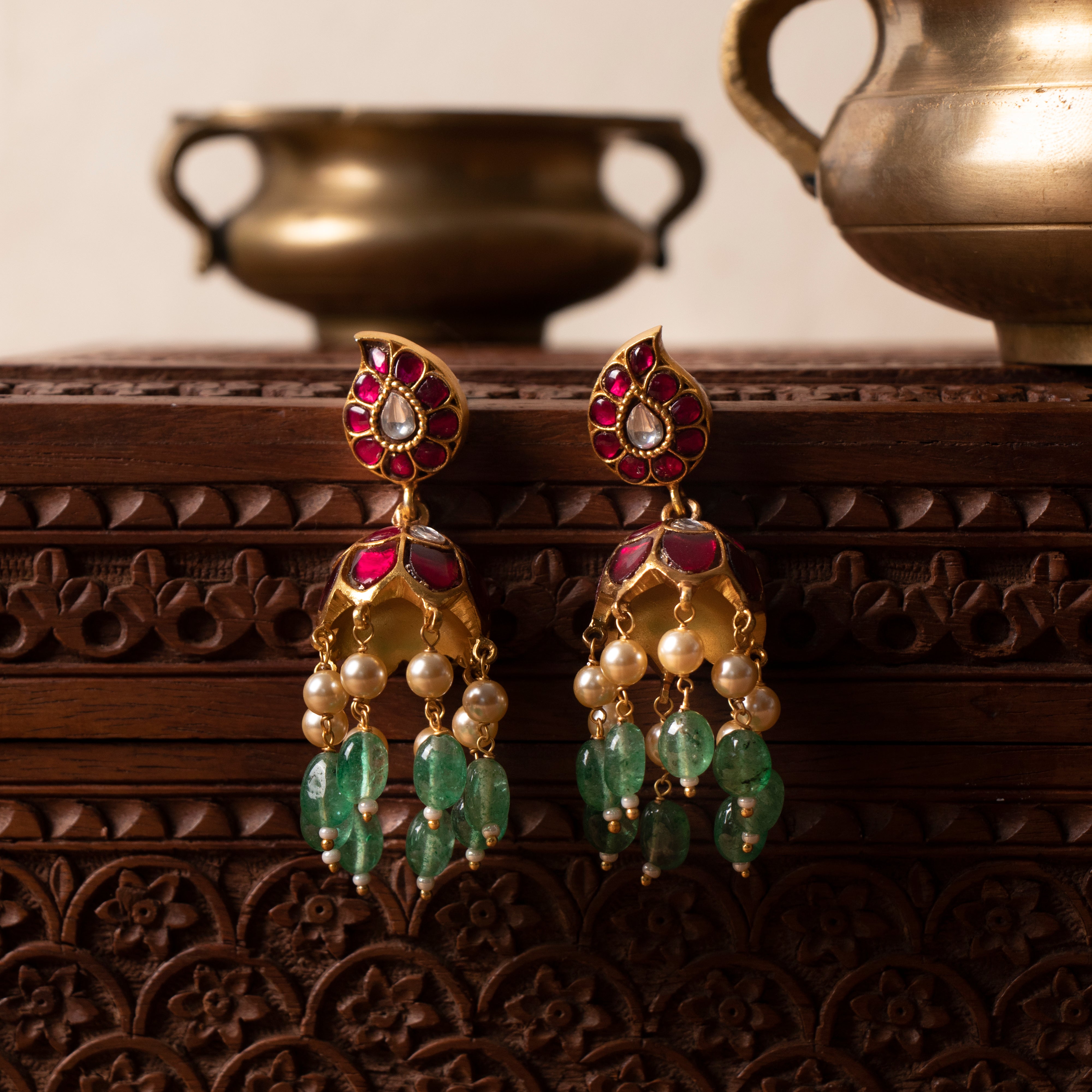 925 silver kundan jhumkas with vibrant red stones and traditional handcrafted design