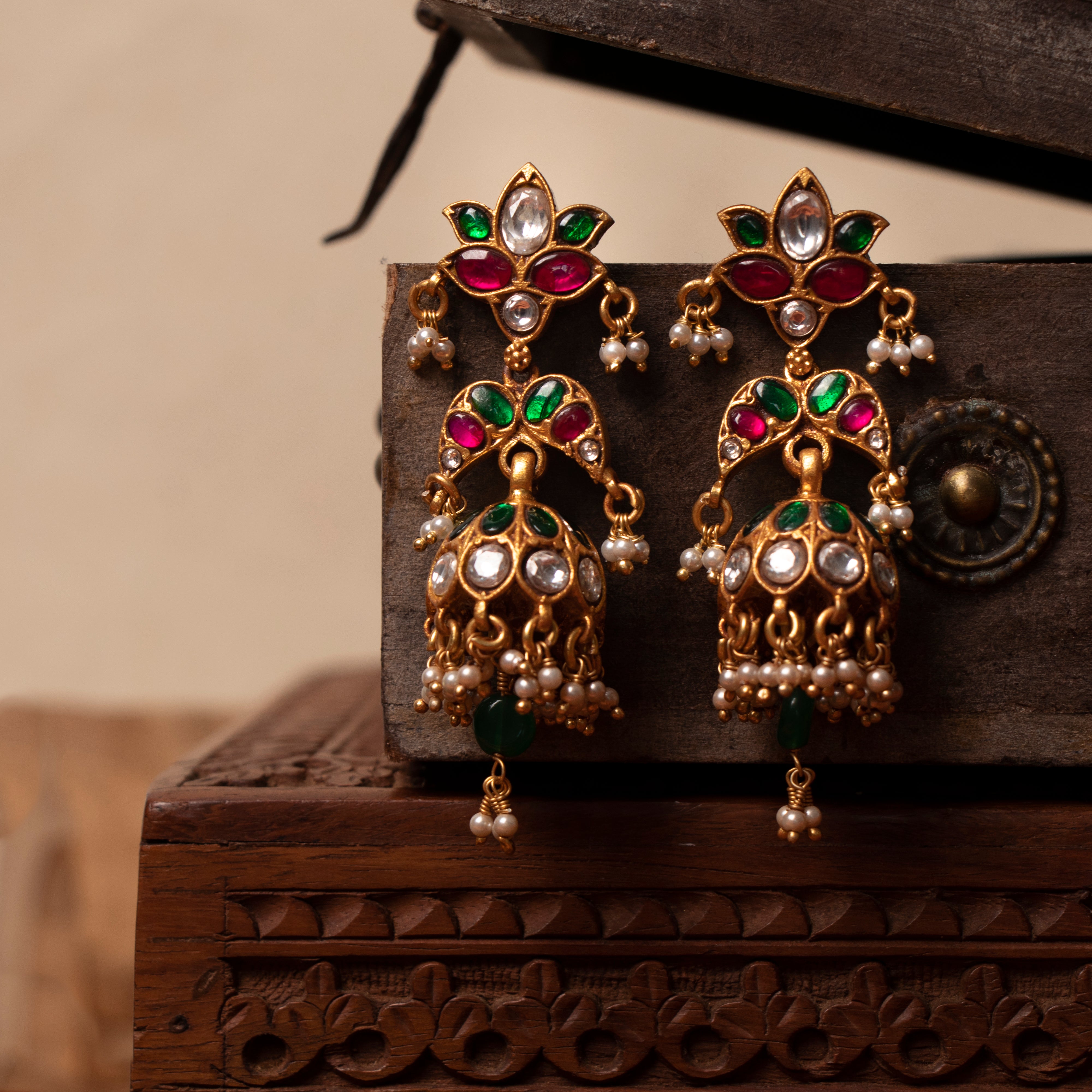 Triple Aura Lotus Kundan Jhumkas