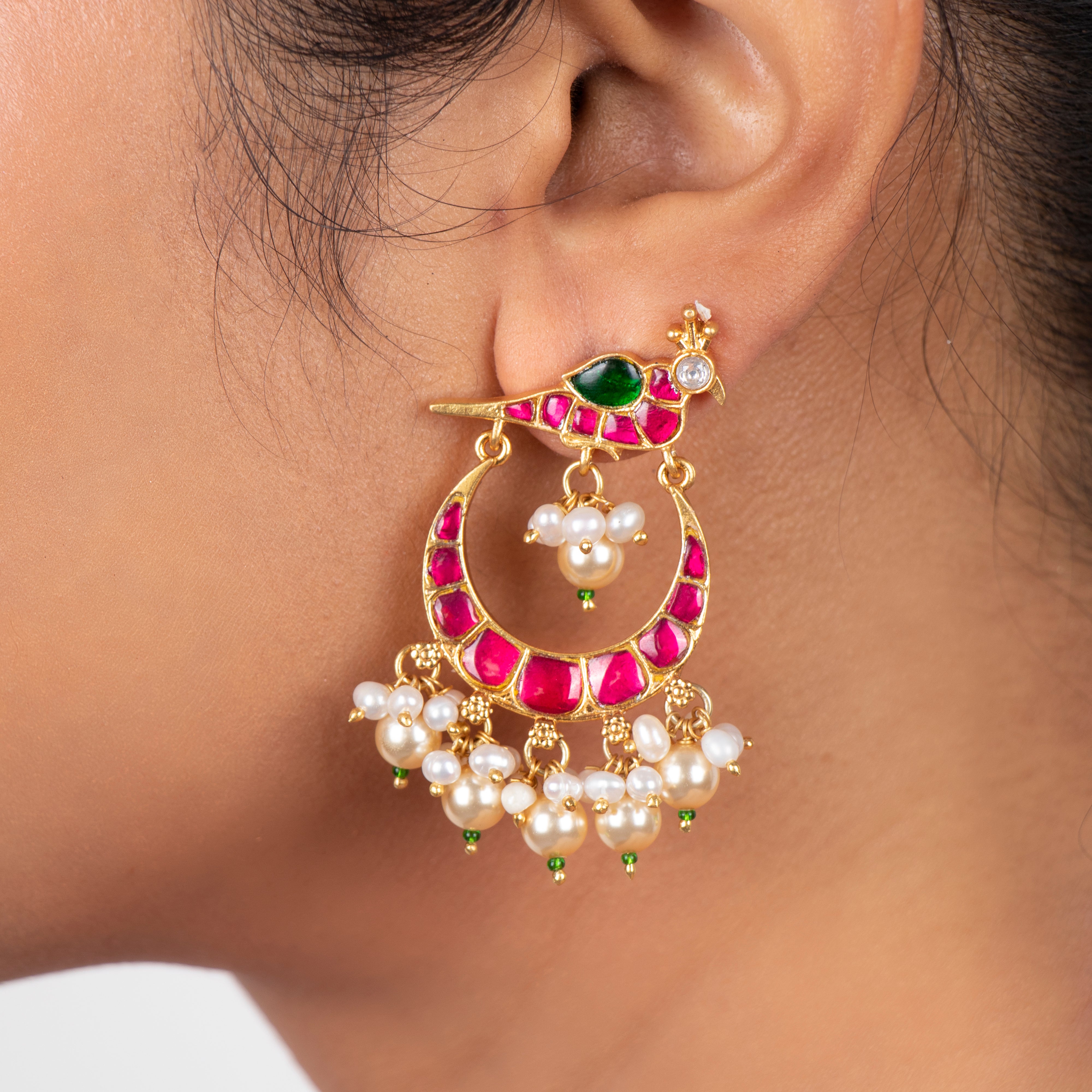 Gulabi Chandbali earrings worn showing elegant pearl and Kundan styling