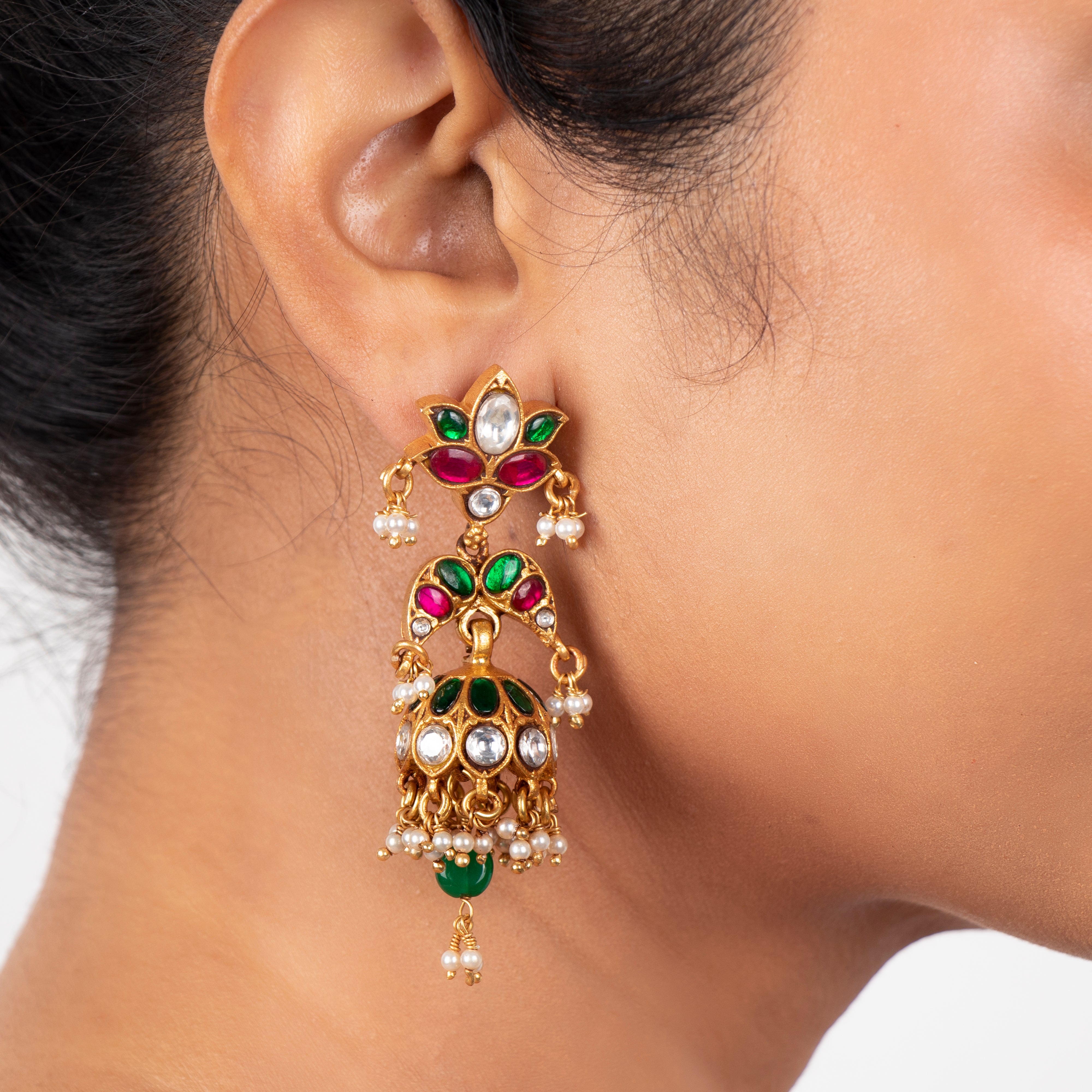 Triple Aura Lotus Kundan Jhumkas
