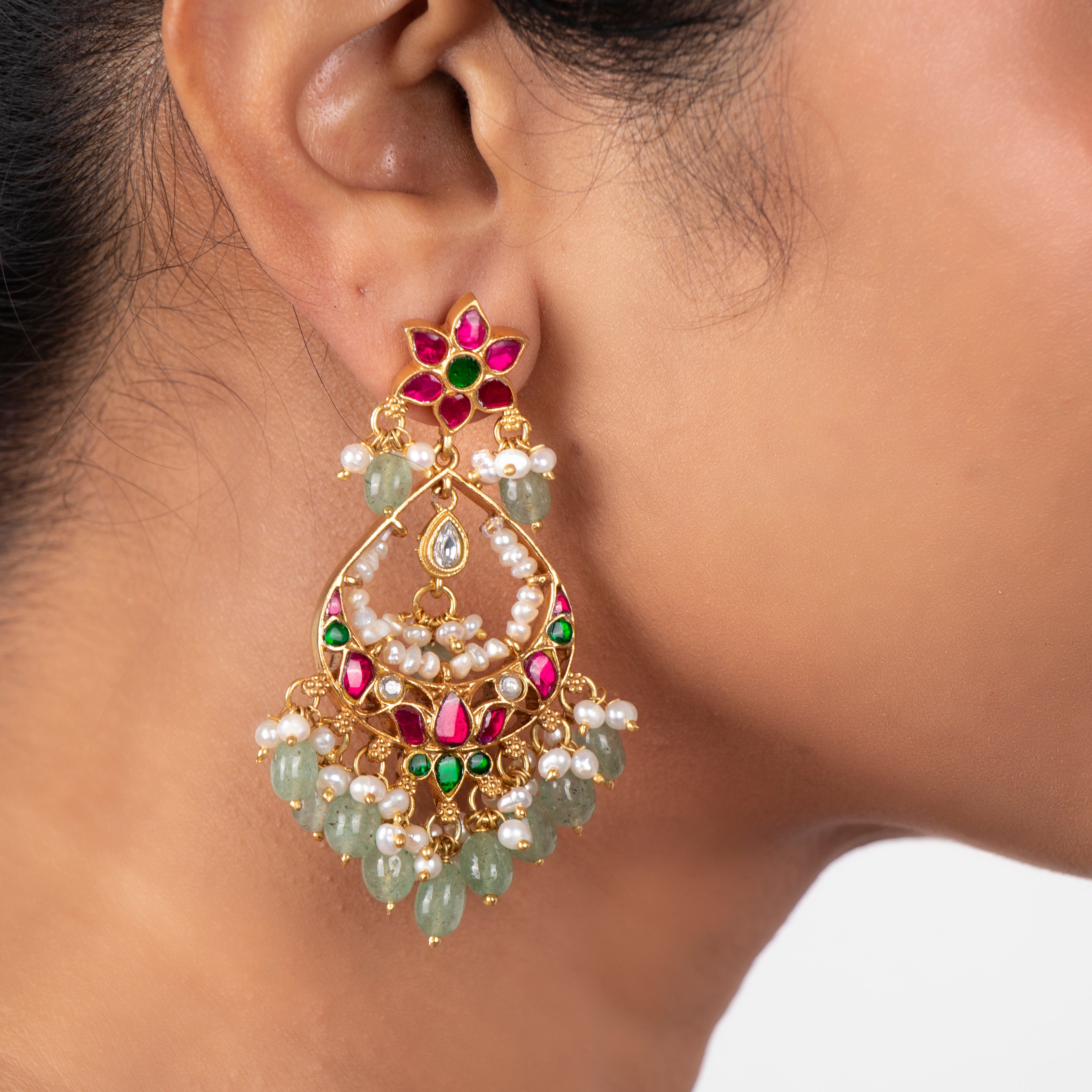 Maharani kundan chandbali worn by model, traditional silver chandbali earrings