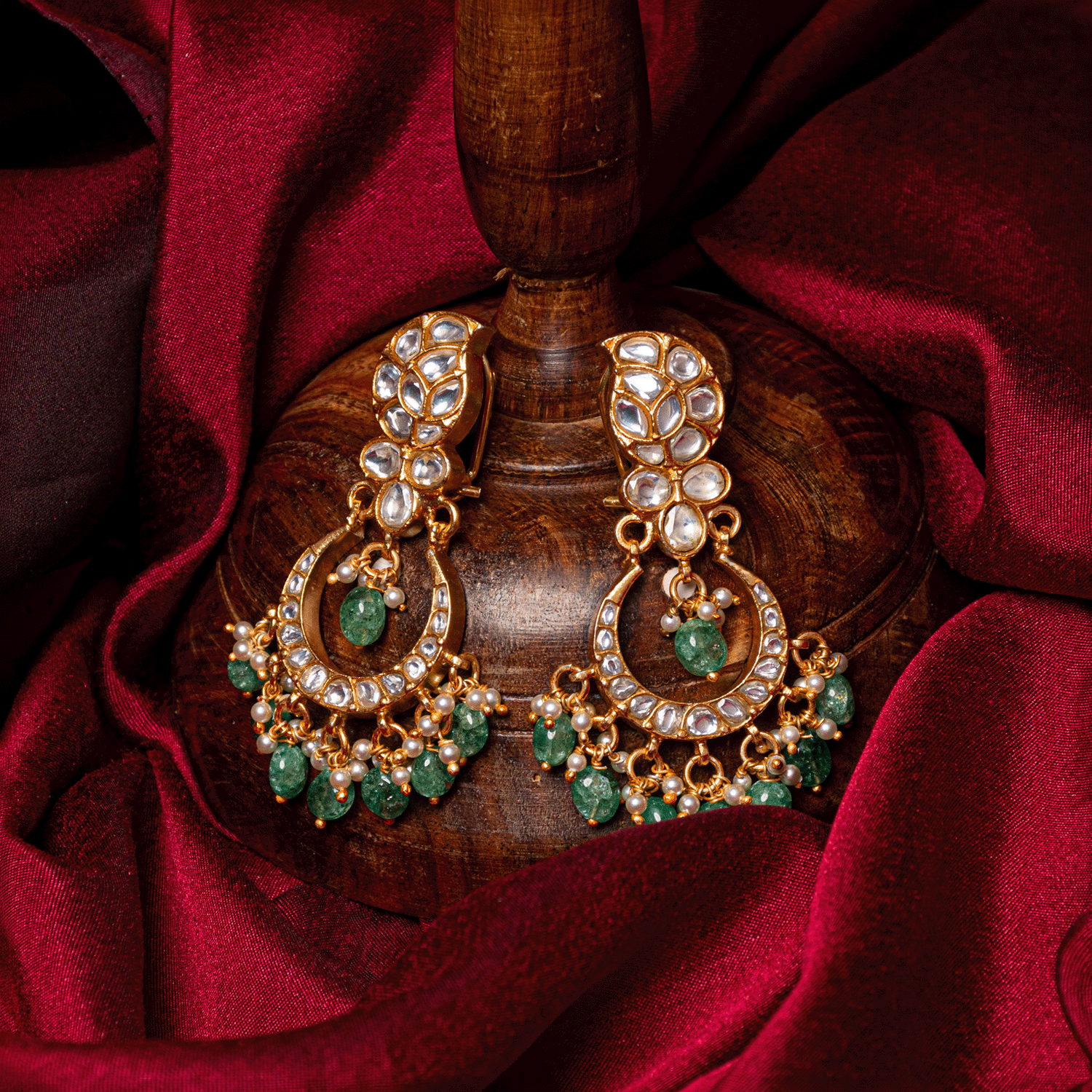 Aurika handcrafted 925 silver earrings with kundan and green stone detailing