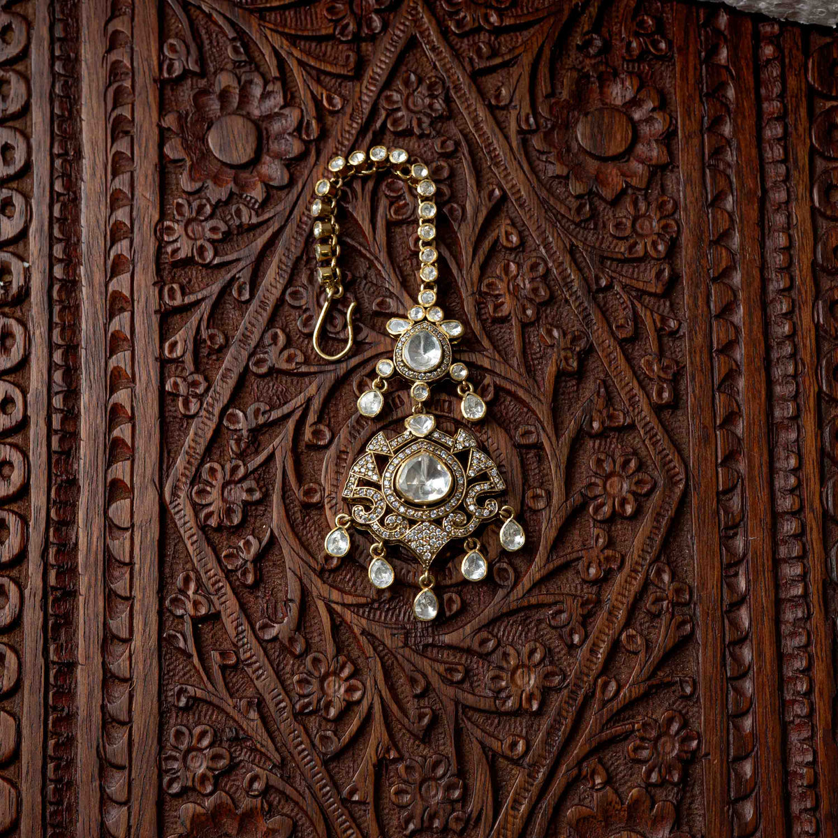 Teardrop polki maangtika with CZ detailing and polki drops in Victorian finish 925 silver