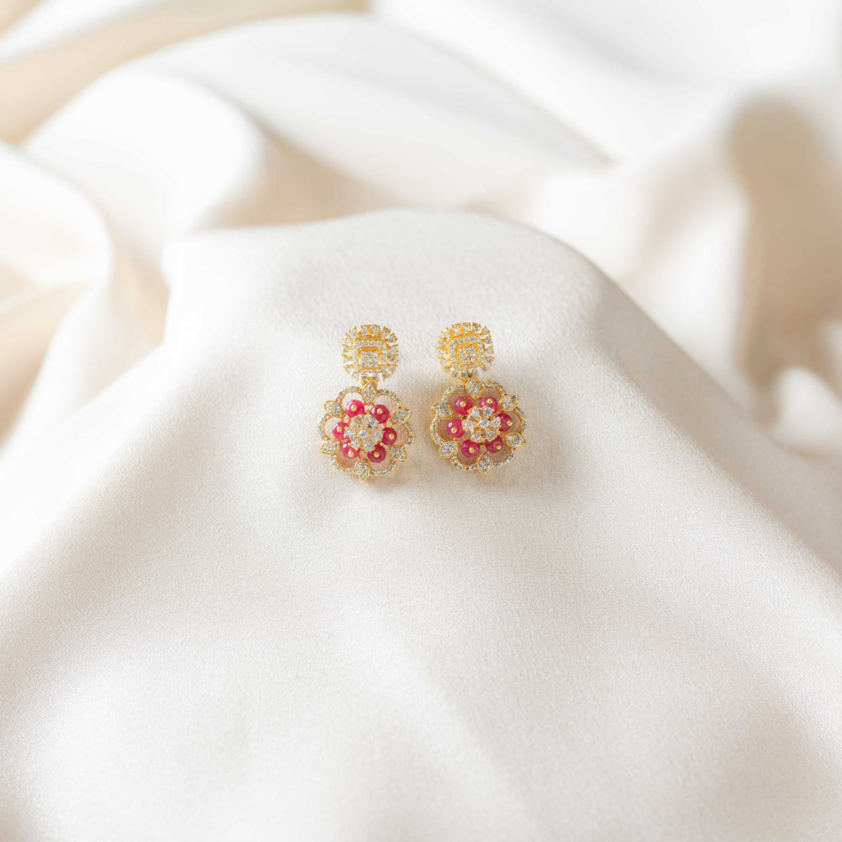 CZ cluster hangings with deep red crystal beads in gold plated 925 silver