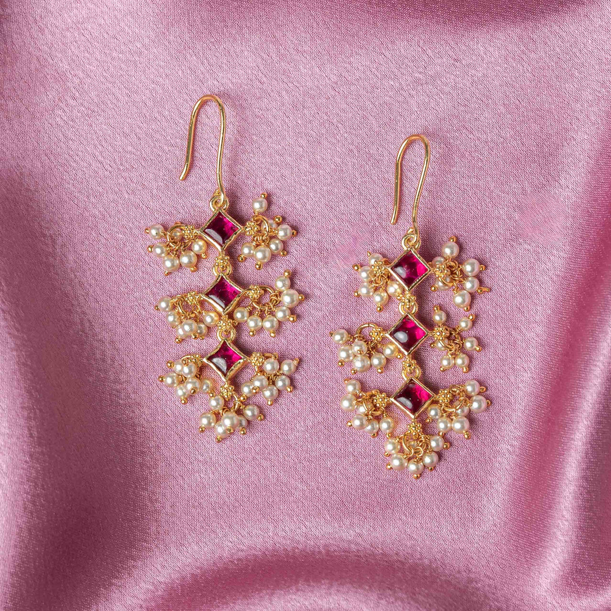Square red glass hangings with seed pearl clusters in gold plated 925 silver