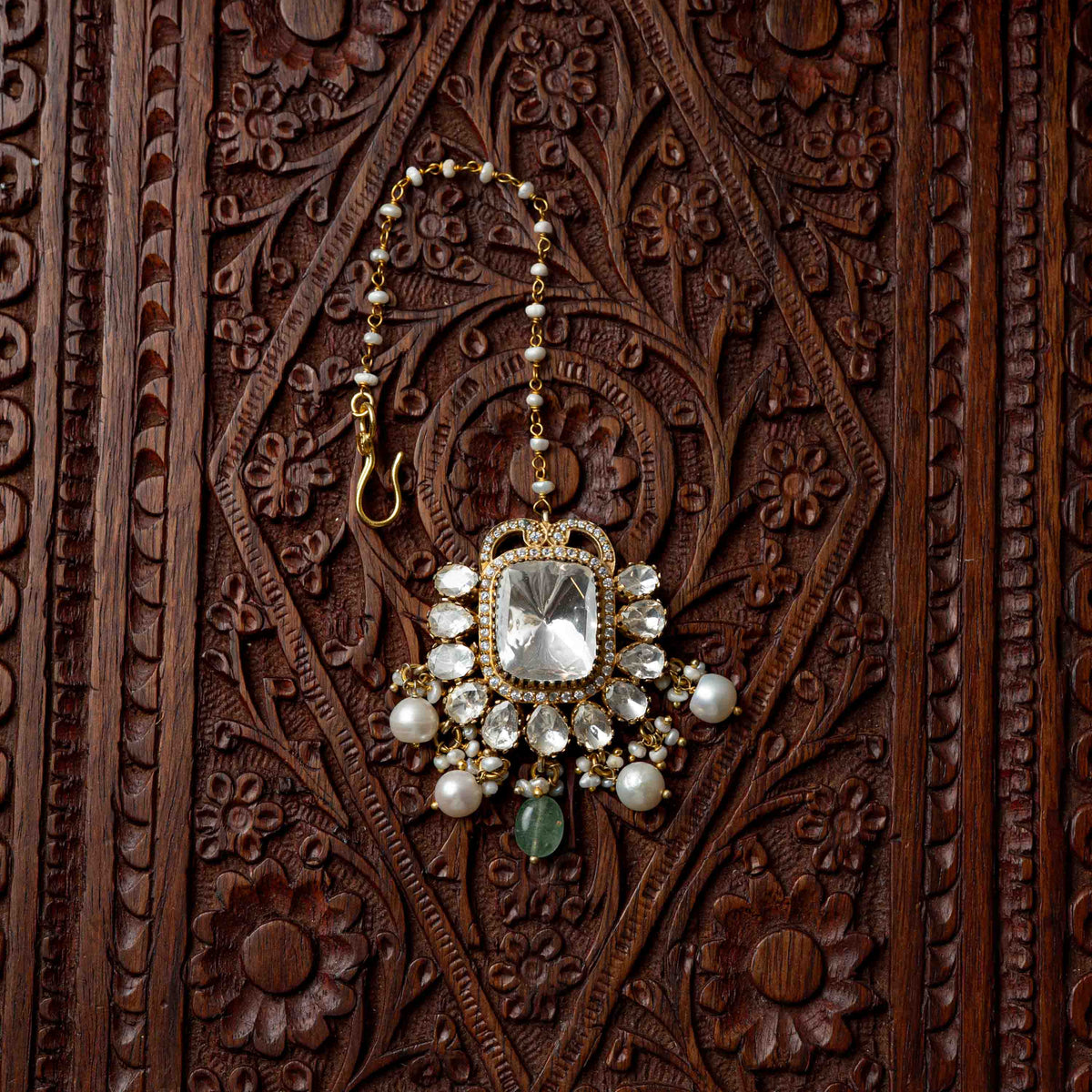 Polki maangtika with CZ, freshwater pearl fringe and green bead in gold plated 925 silver
