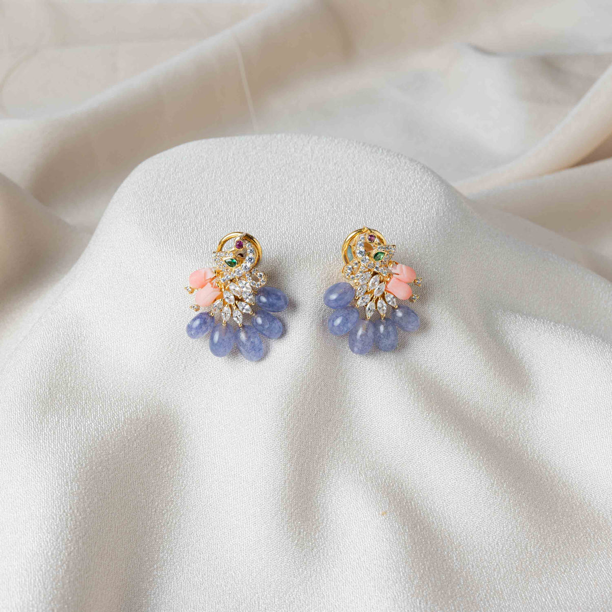 Peacock earrings with CZ pave, coral and blue teardrop tails in gold plated 925 silver