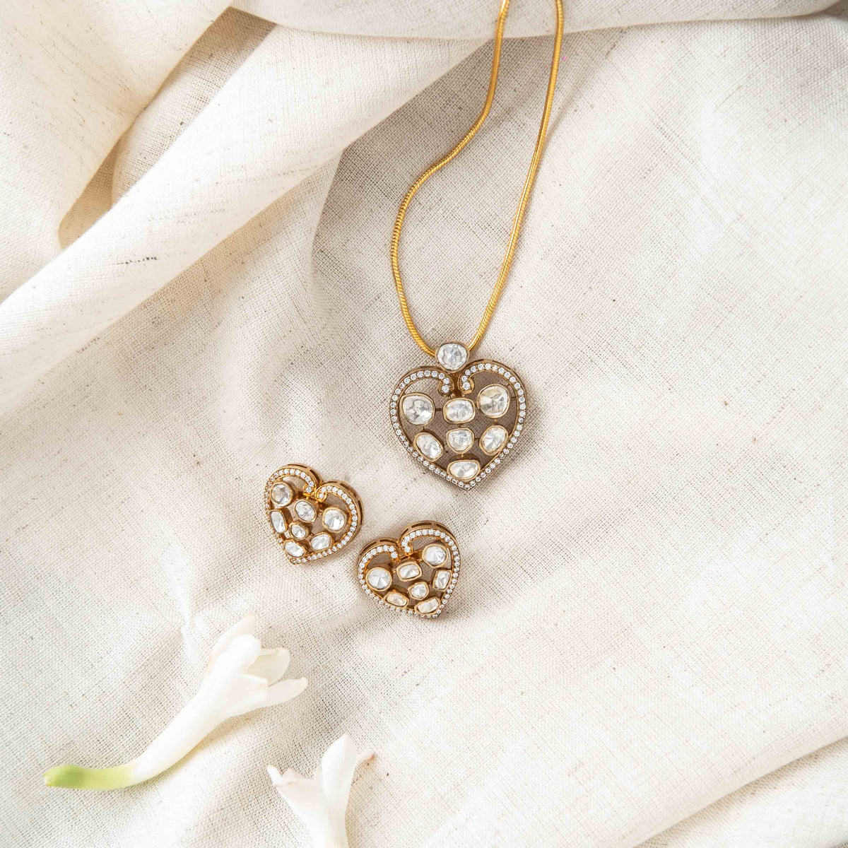 Detail of the Bombay screw back post behind a Victorian finish polki heart stud in 925 silver