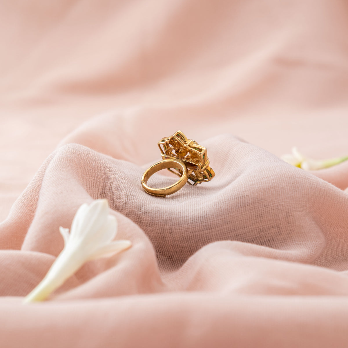 Adjustable open band behind the marquise polki and CZ ring in gold plated 925 silver