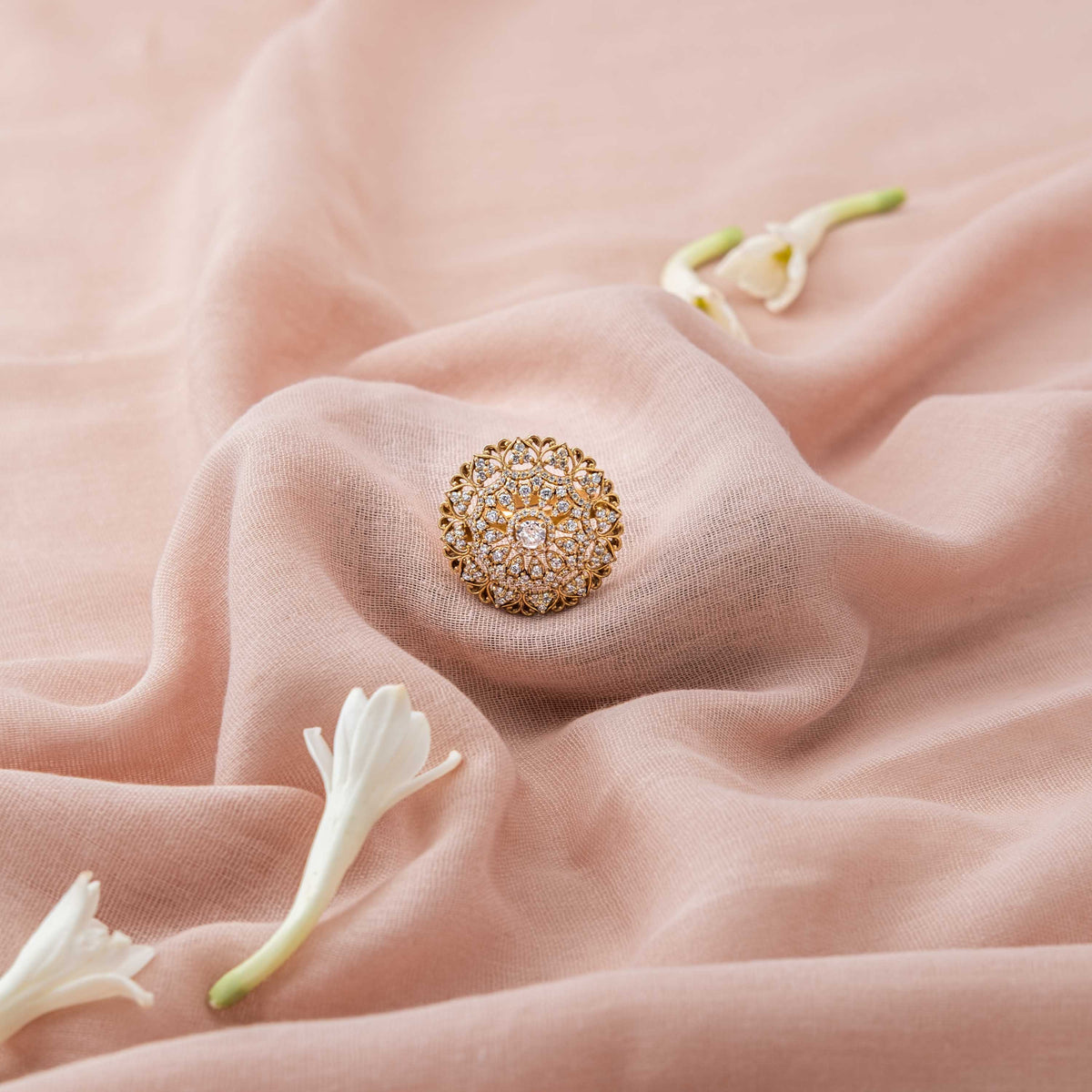 Oval floral polki ring with CZ accents and adjustable band in gold plated 925 silver