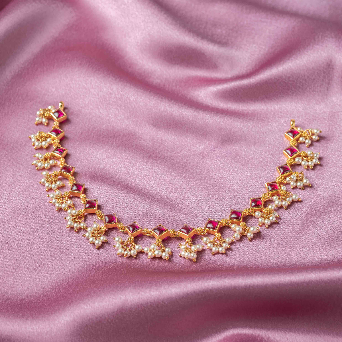 Single line necklace of red glass squares with seed pearl drops in gold plated 925 silver