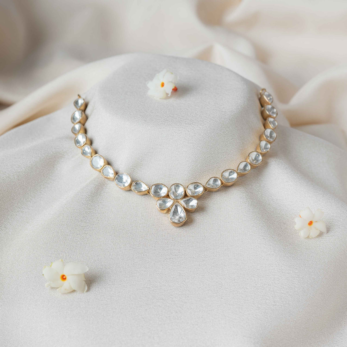 Pear-shaped polki short necklace with CZ bridges and adjustable dori in gold plated 925 silver