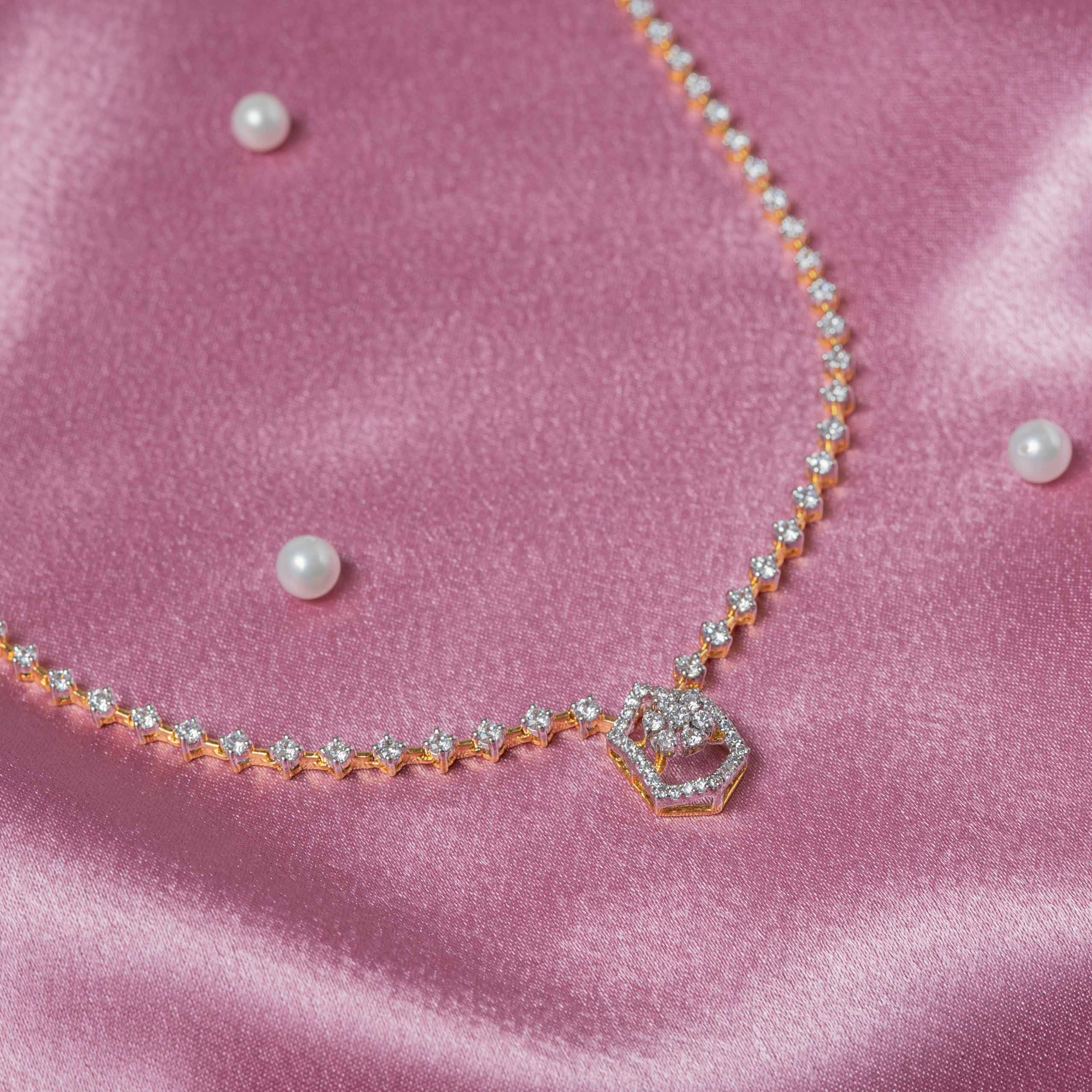 Hexagonal CZ pendant necklace on a stone dotted chain in gold plated 925 silver