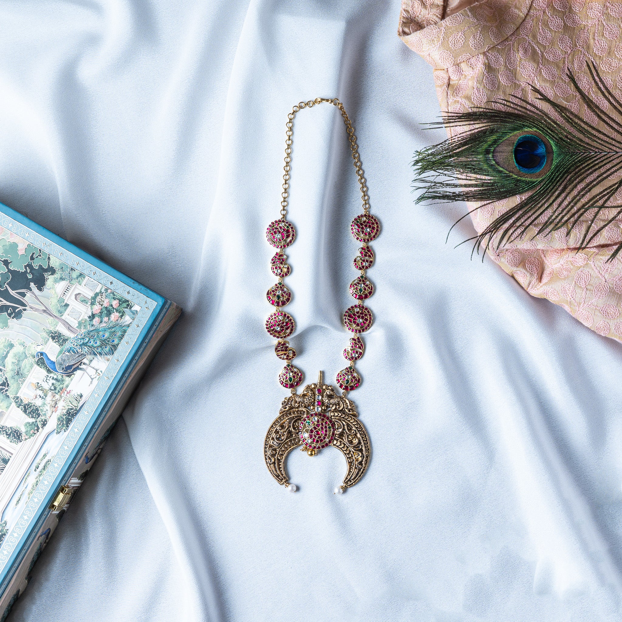 Kundan peacock temple crescent necklace with pearl drops on a chain of kundan discs, gold plated 925 silver