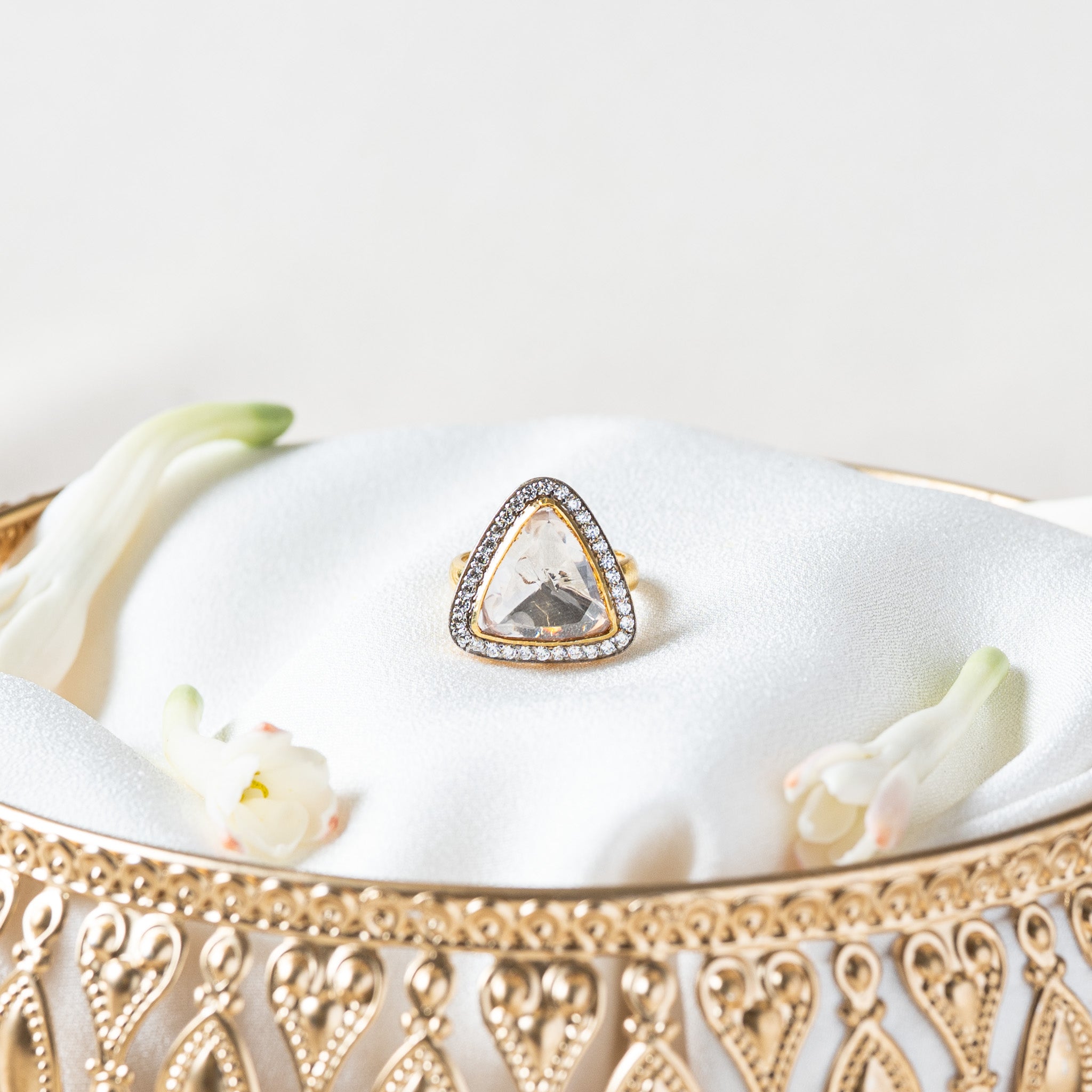 Victorian ring with an uncut trillion polki in a blackened CZ pave halo on gold plated 925 silver