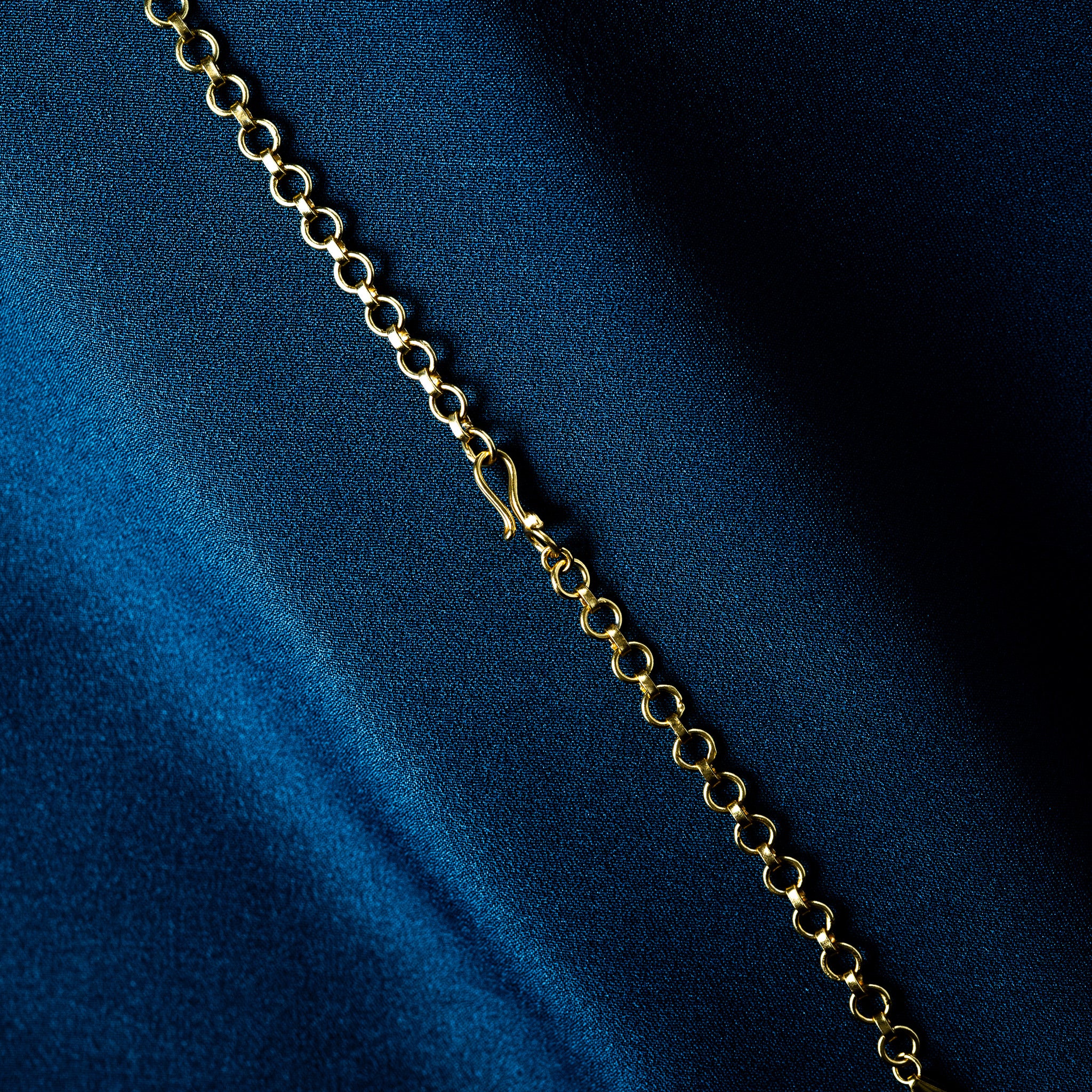 Long S-hook adjuster hooked into a link on a gold round link back chain, close crop