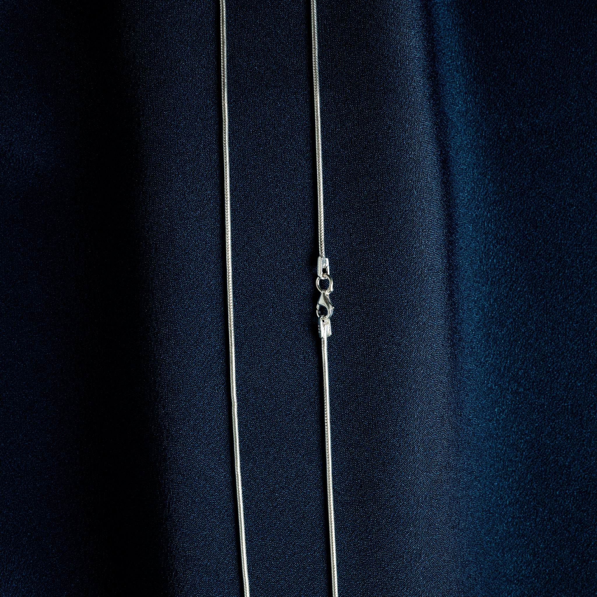 Close crop of a silver snake chain showing fine banding along the tube