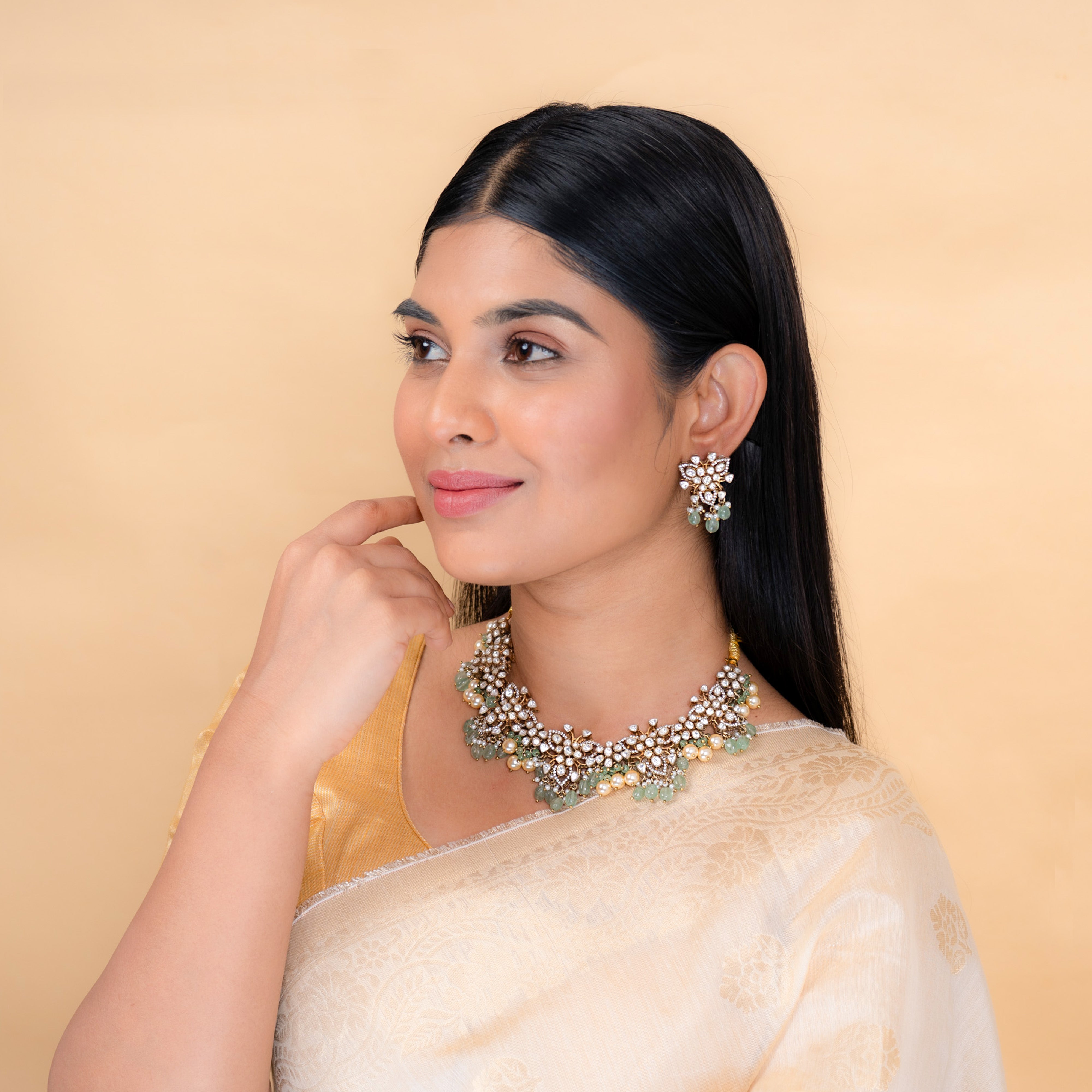 Model wearing Akira Polki 925 silver necklace styled for elegant occasions
