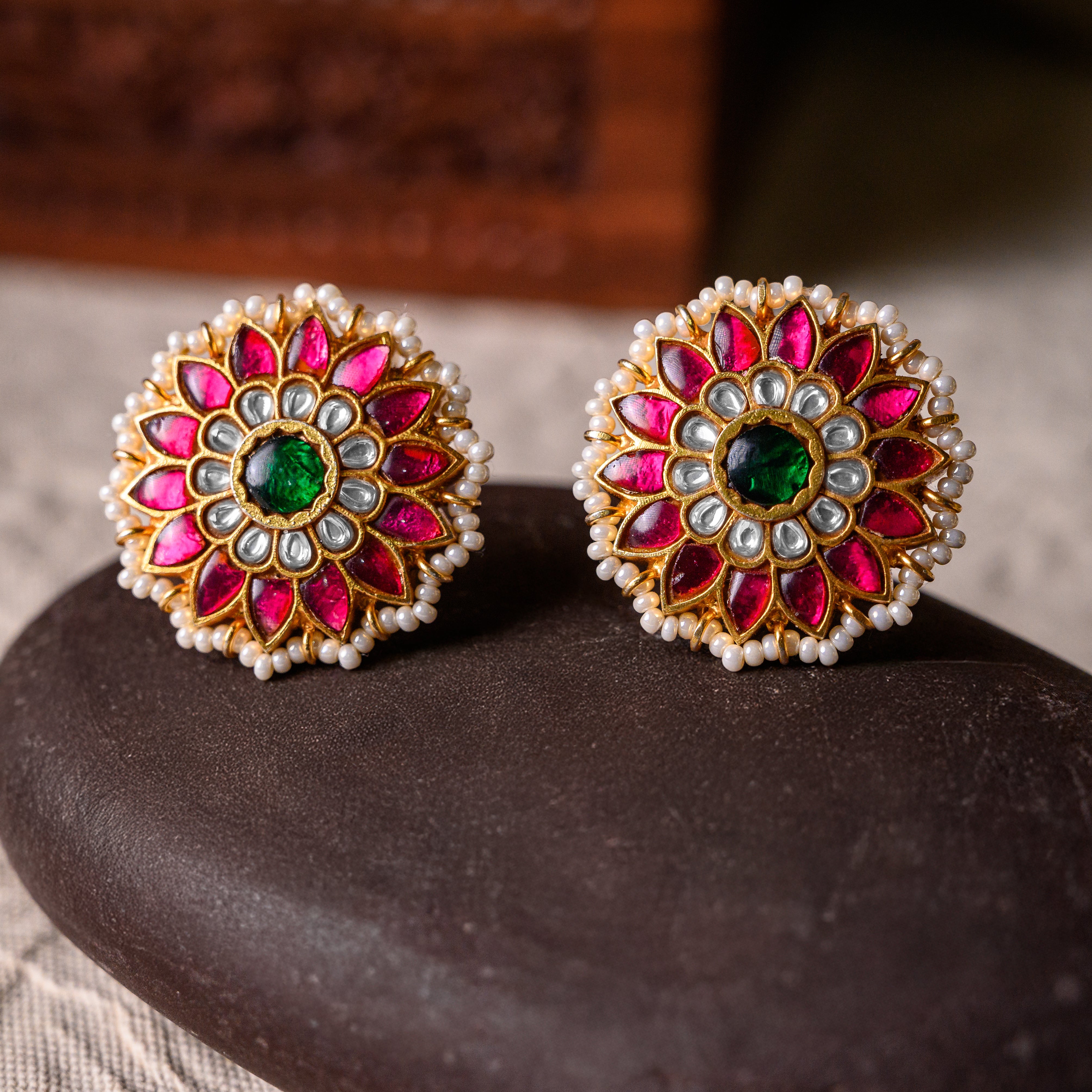 Traditional Kundan stud earrings crafted in 925 silver with detailed Indian design
