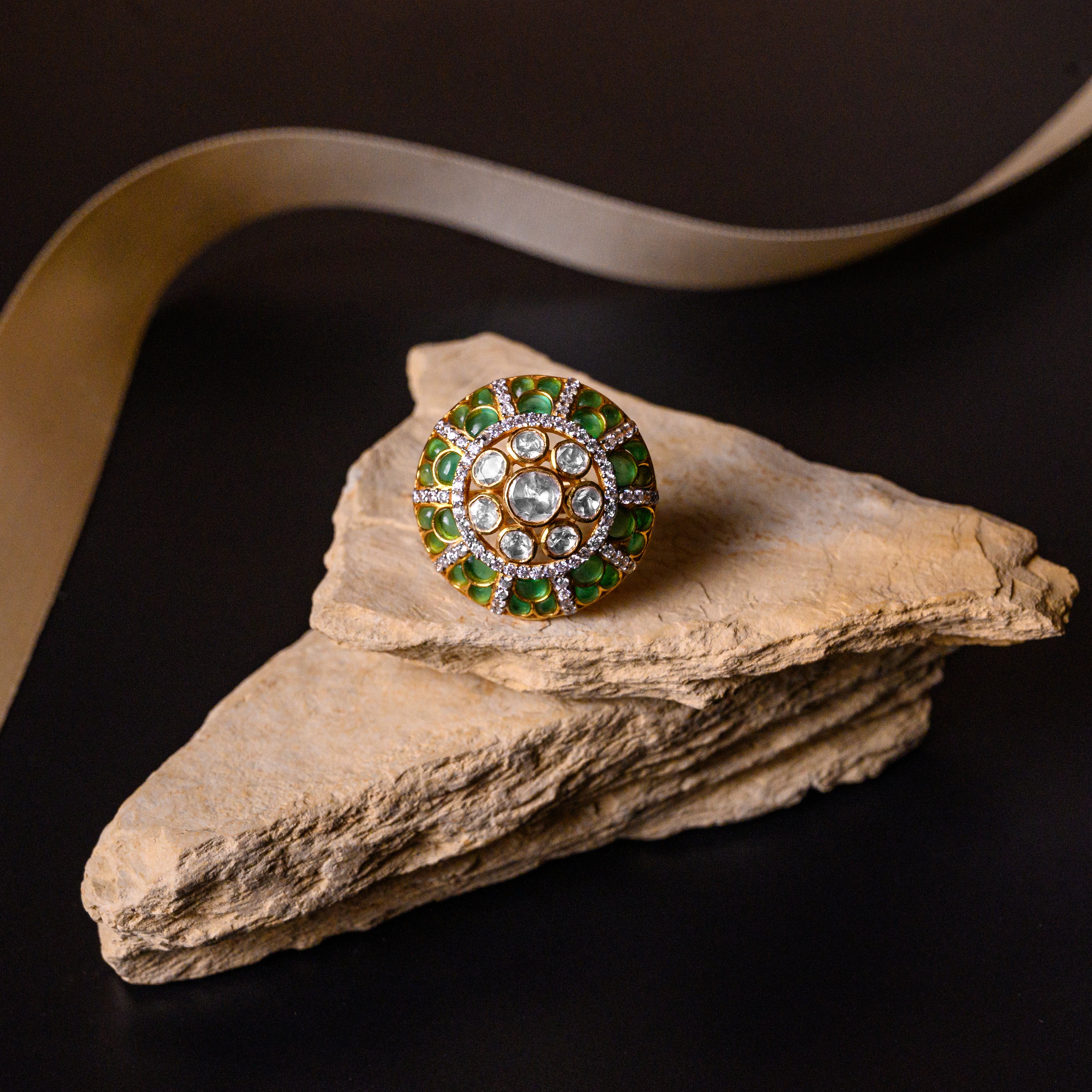 Front view of Noor Polki Ring featuring moissanite polki design
