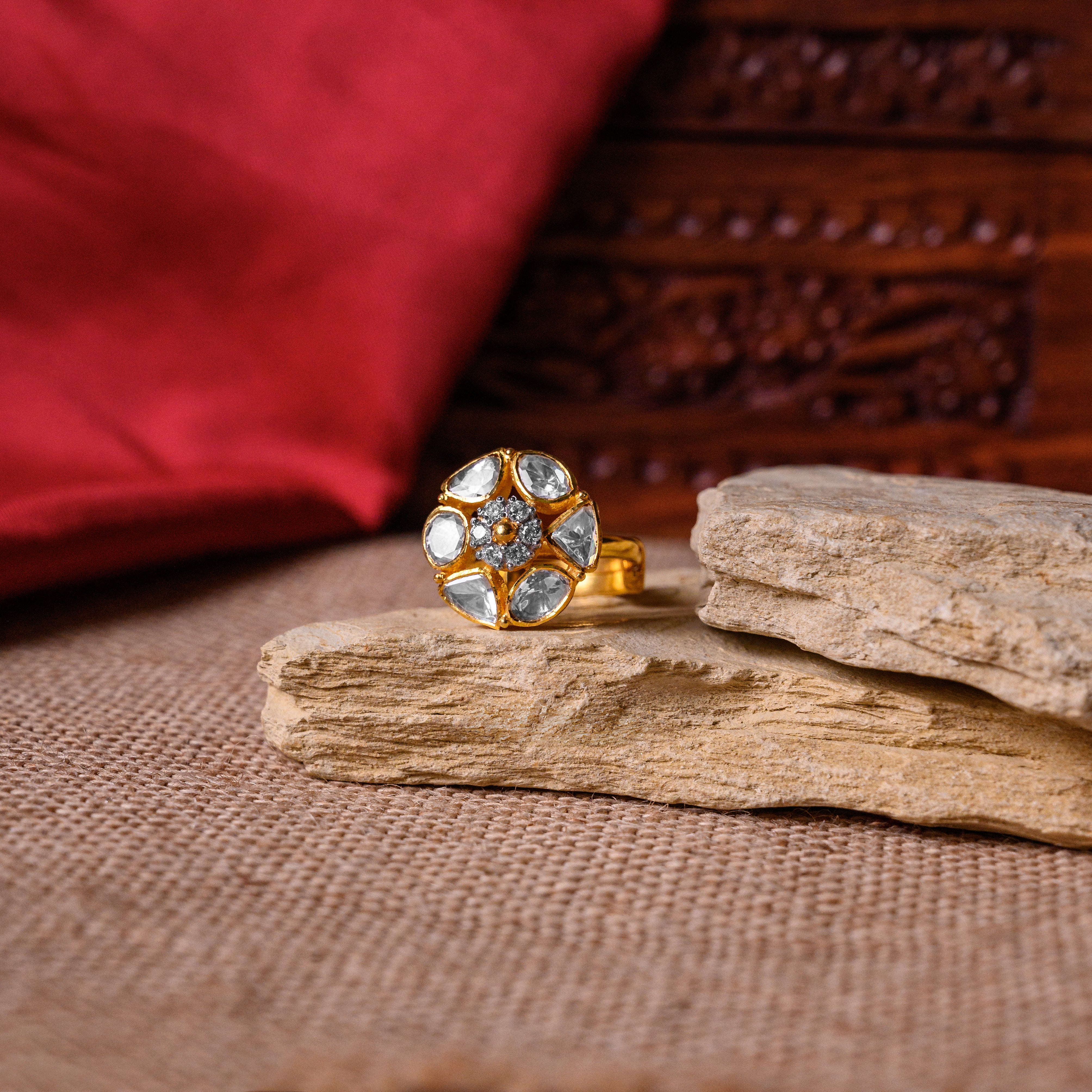 Close-up of Floral Stella Polki Ring highlighting moissanite stone and silver craftsmanship