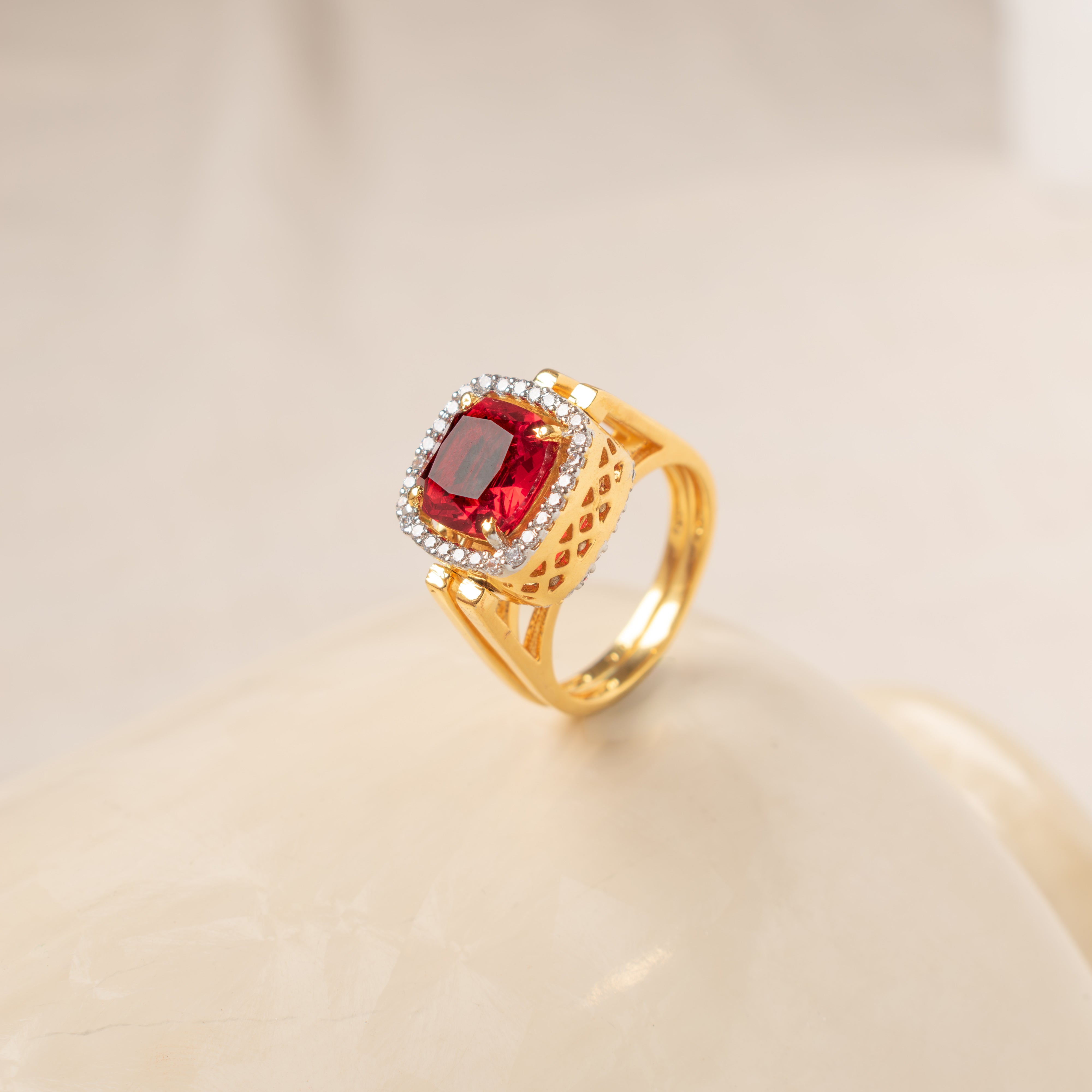 Doroop Polki ring in 925 silver with red square-cut CZ stone and gold polish
