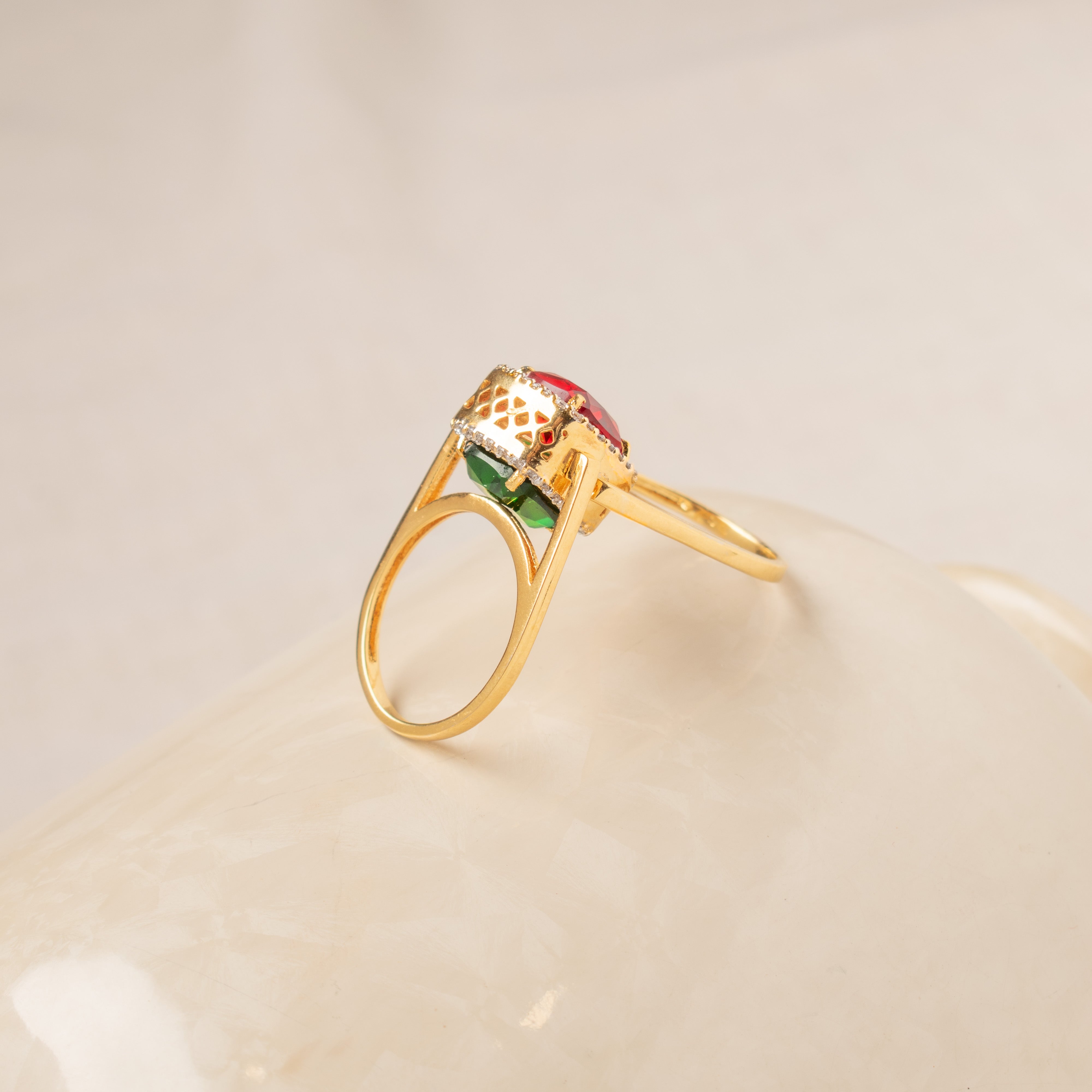 Handcrafted Doroop Polki ring with green CZ stone and elegant gold-polished setting
