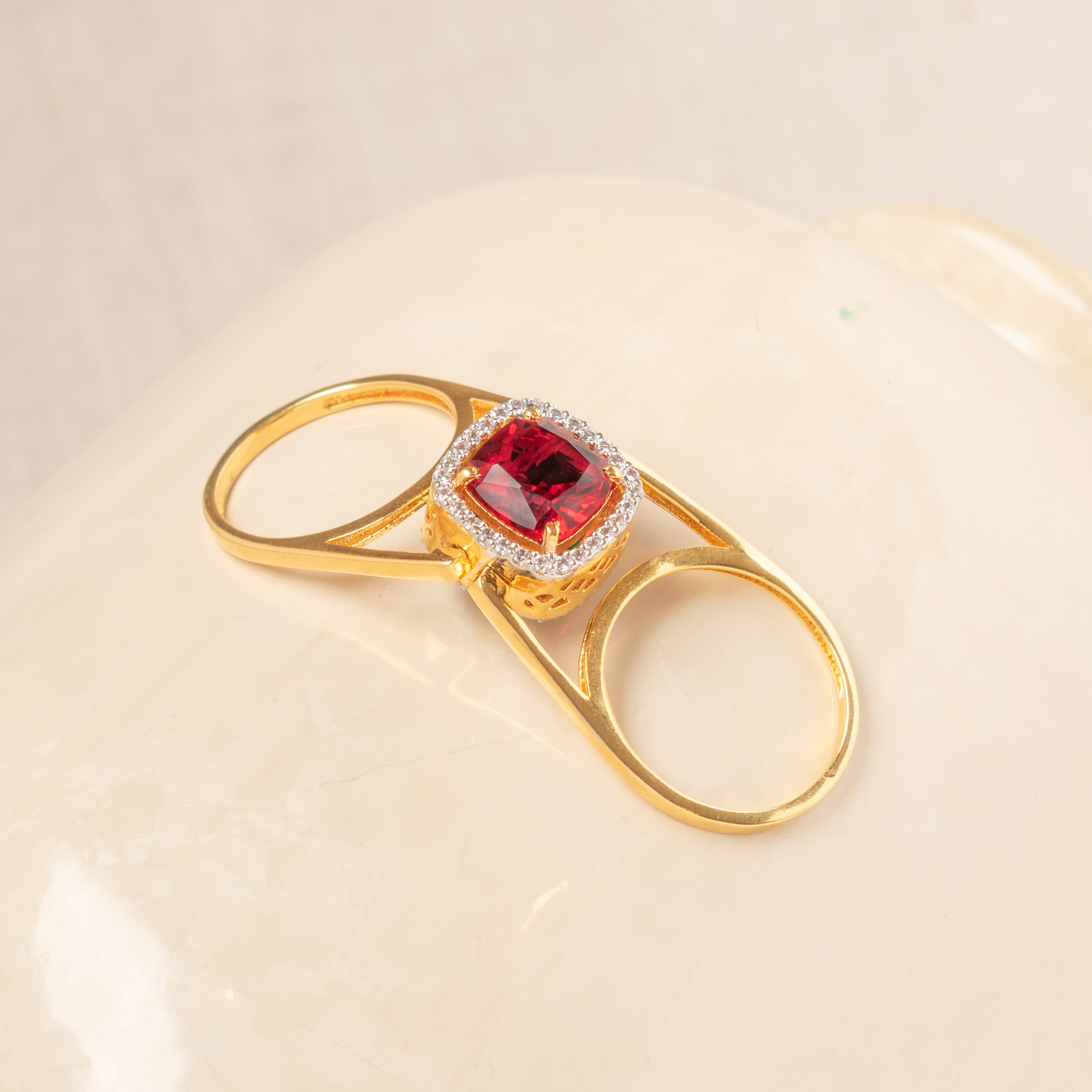 Dual-side Doroop Polki statement ring with red CZ stone and intricate detailing