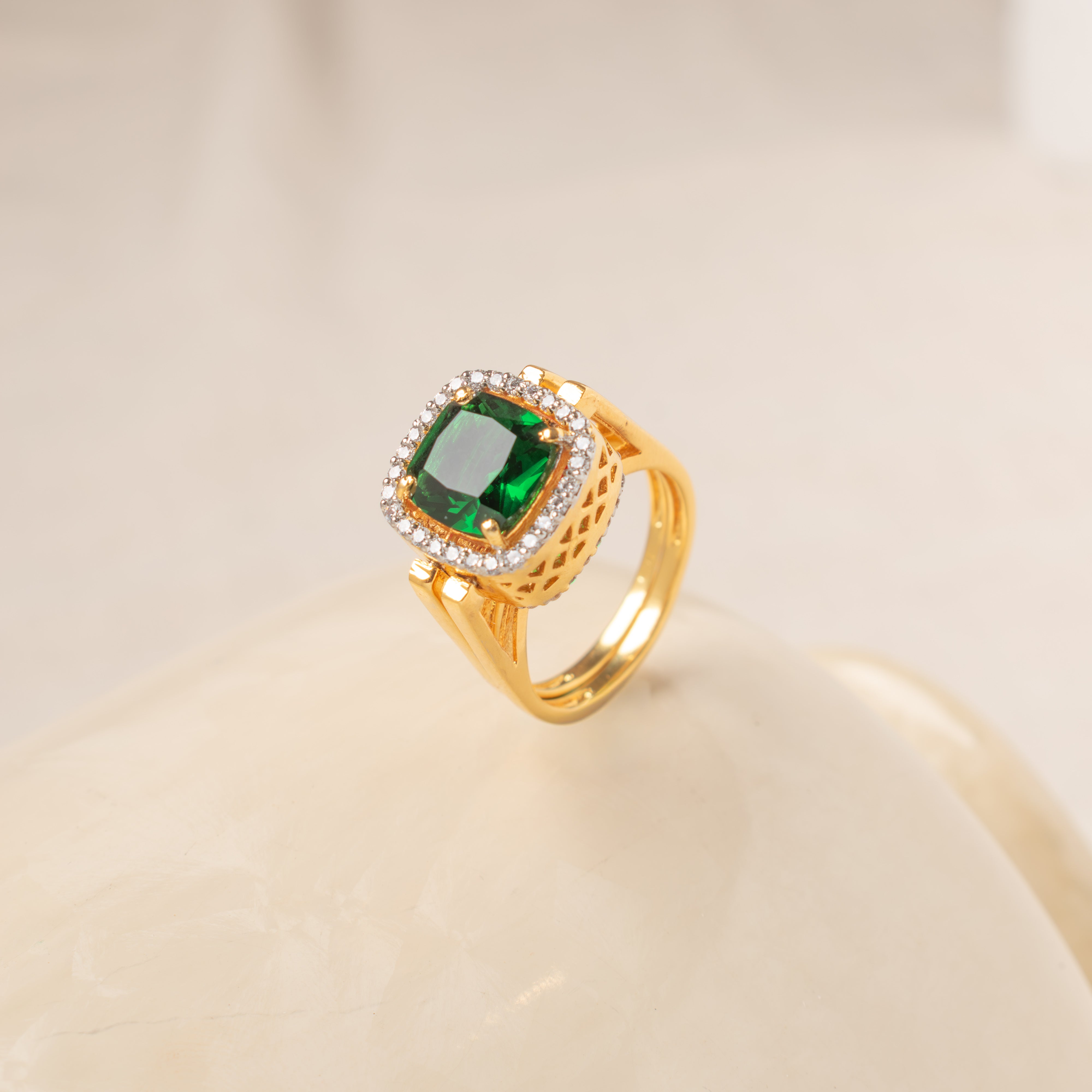 Doroop Polki ring with green square-cut CZ stone in handcrafted gold-polished finish