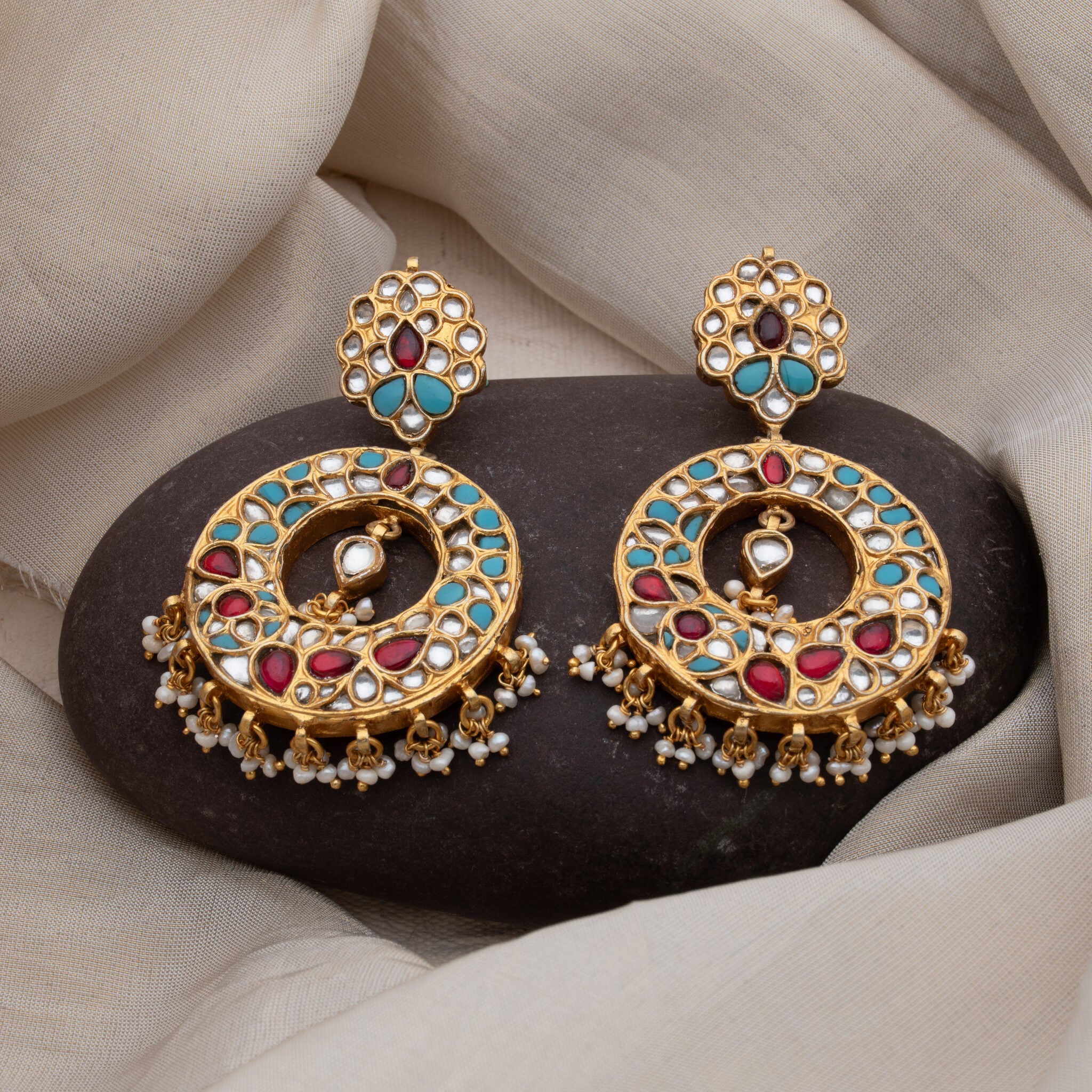 Turquoise and ruby kundan chand bali with a peacock centre and pearl drops, gold plated 925 silver