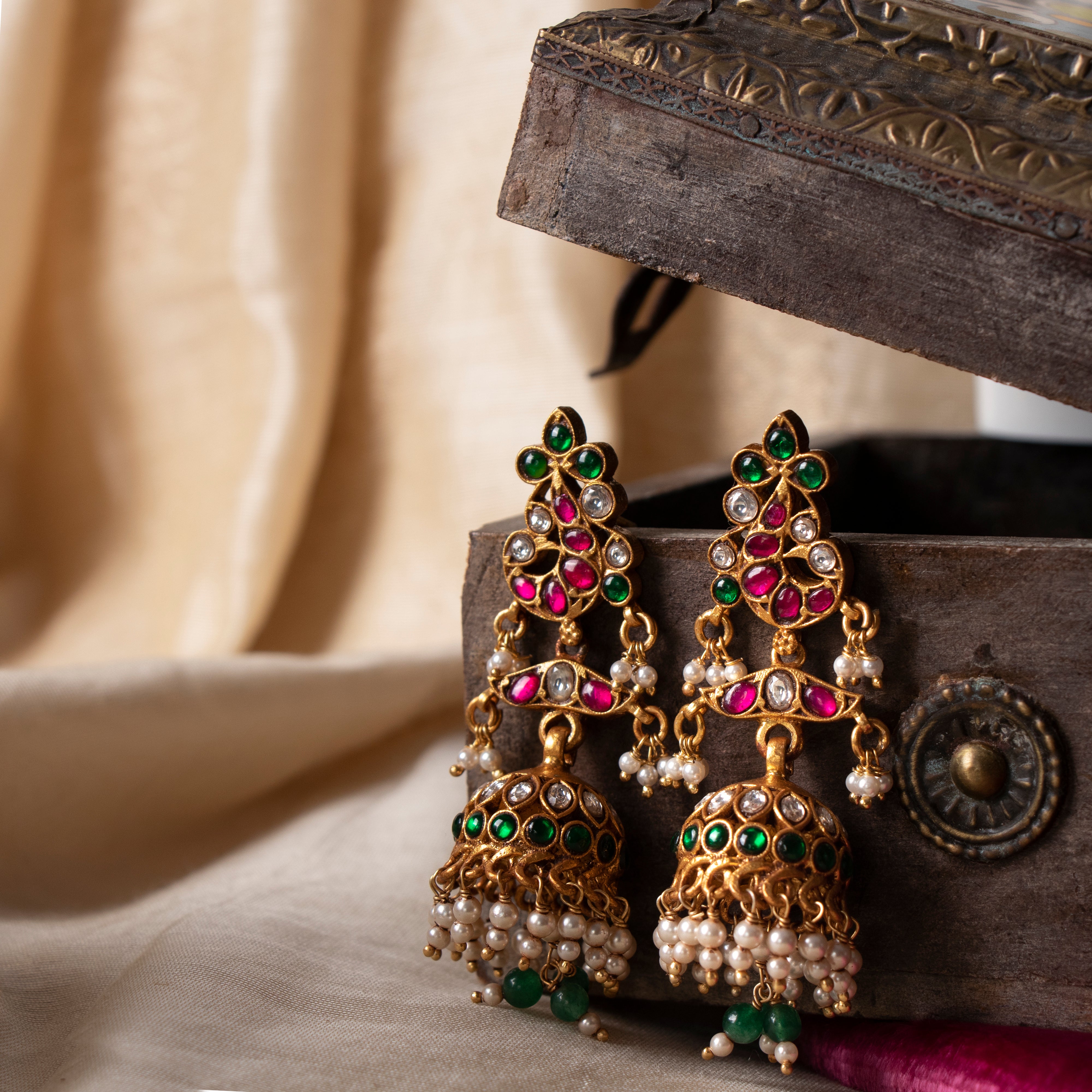 Triple Aura Kundan Jhumkas