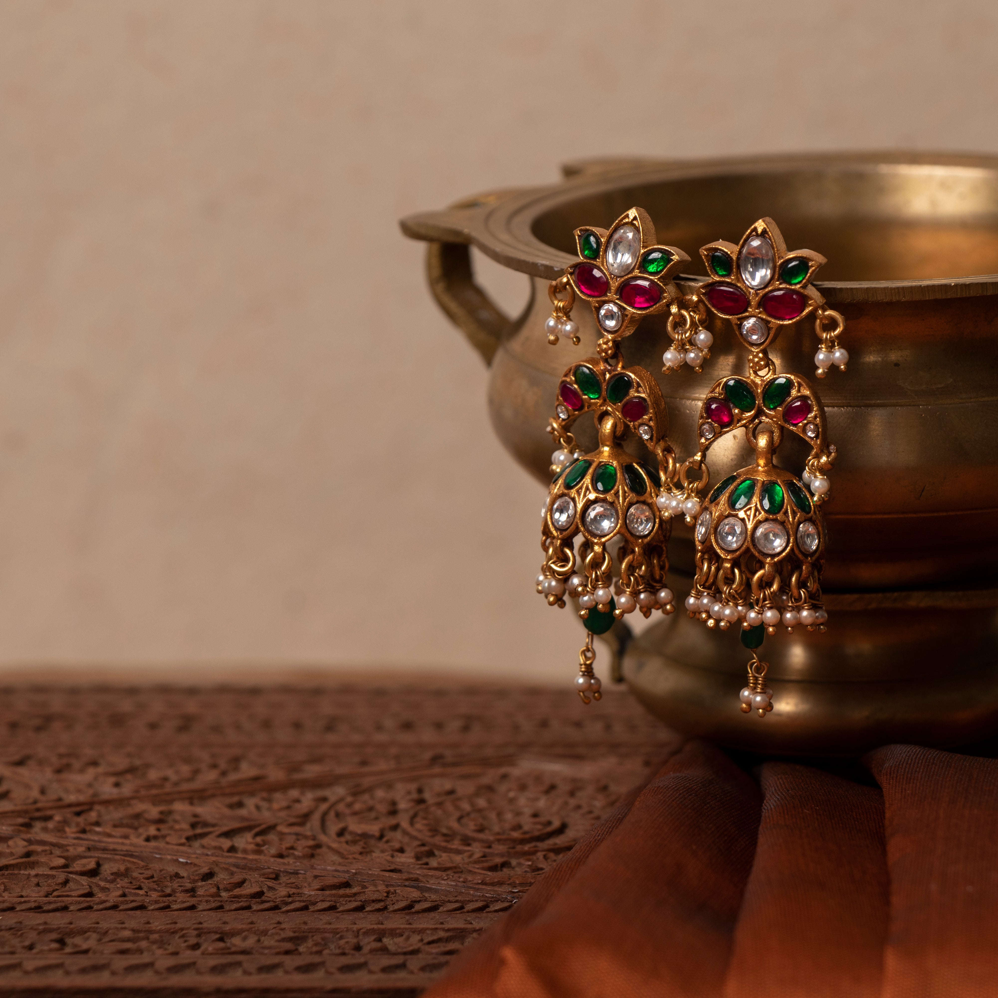 Triple Aura Lotus Kundan Jhumkas