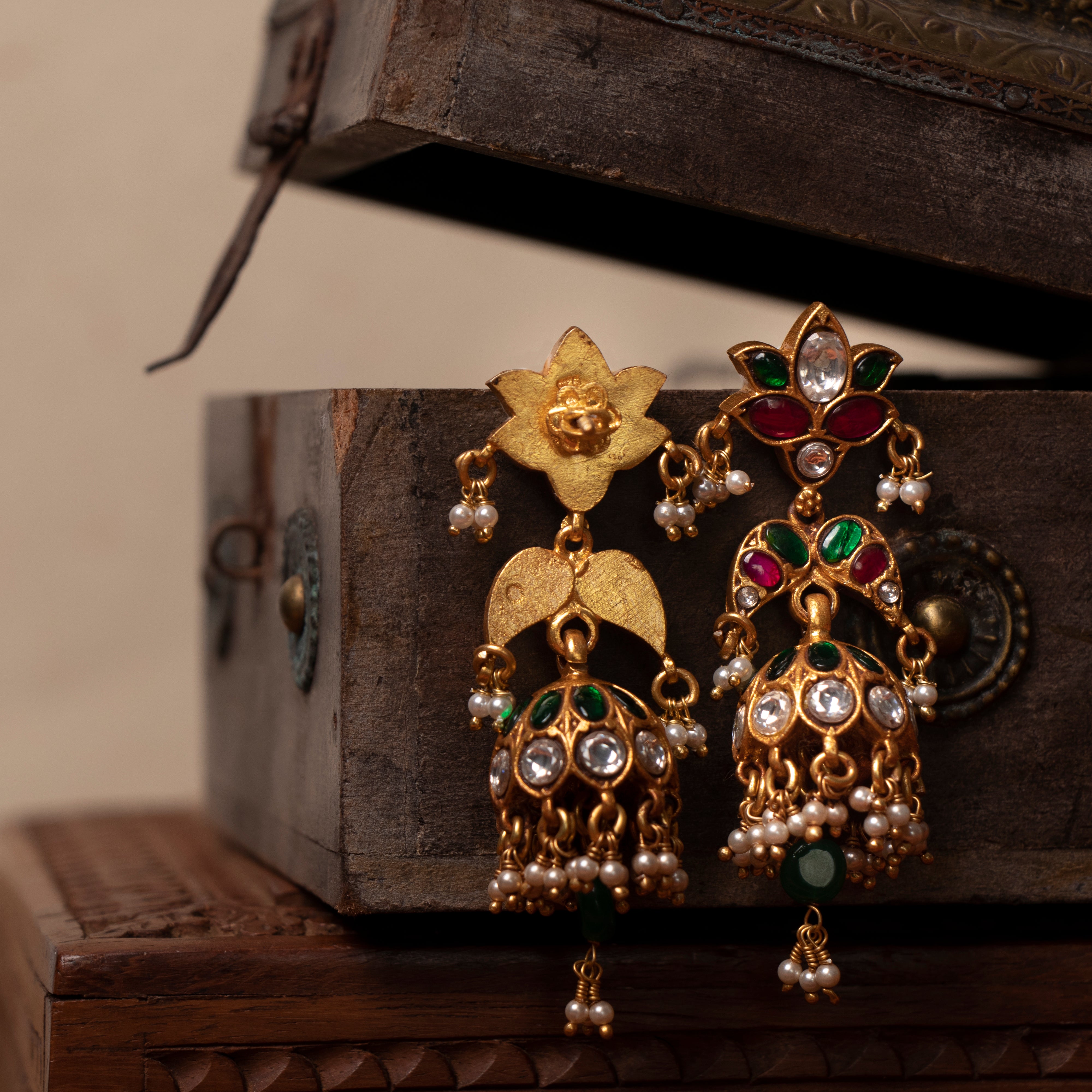 Triple Aura Lotus Kundan Jhumkas