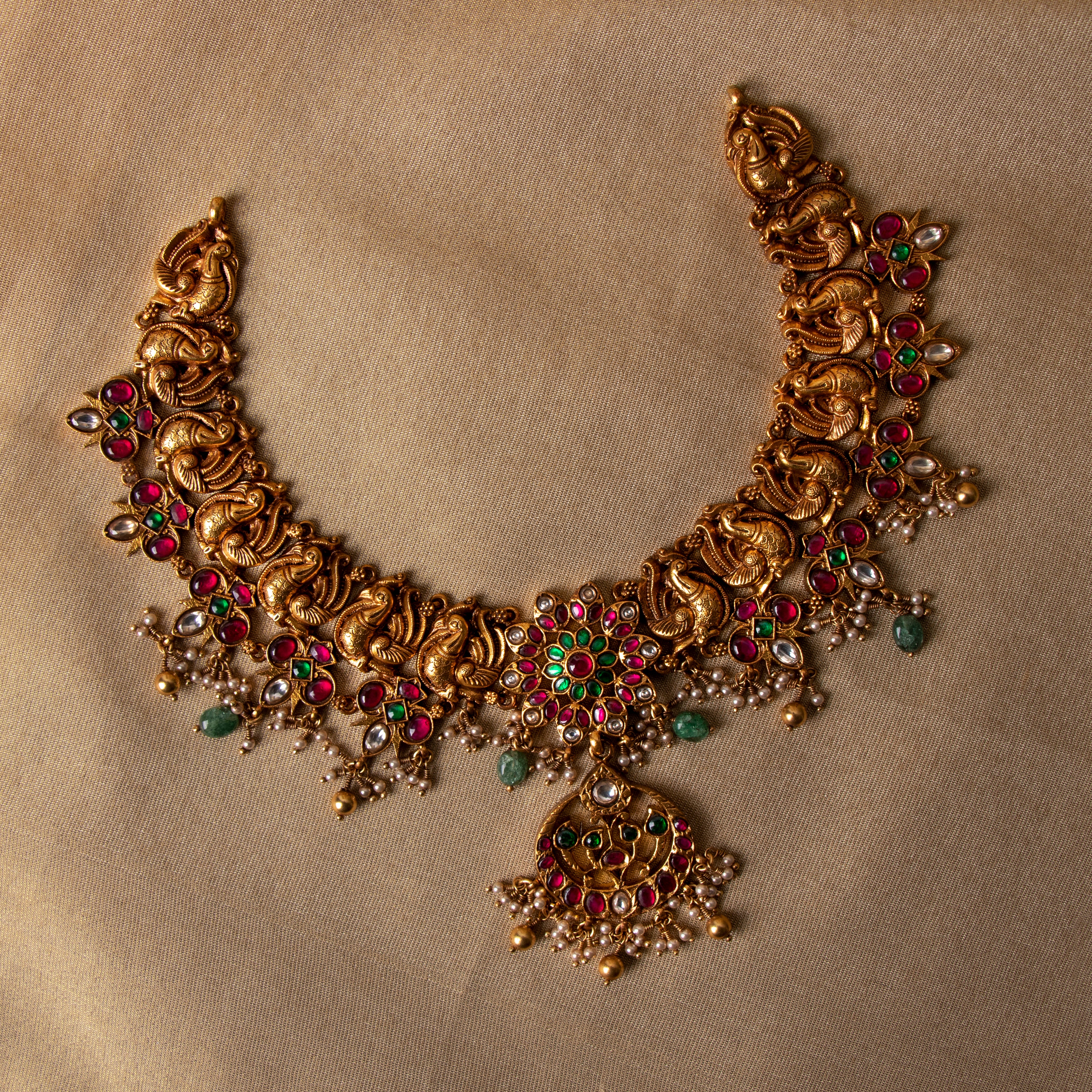 Full view of Ditiya handcrafted nakaas necklace traditional kundan pearl bridal jewellery