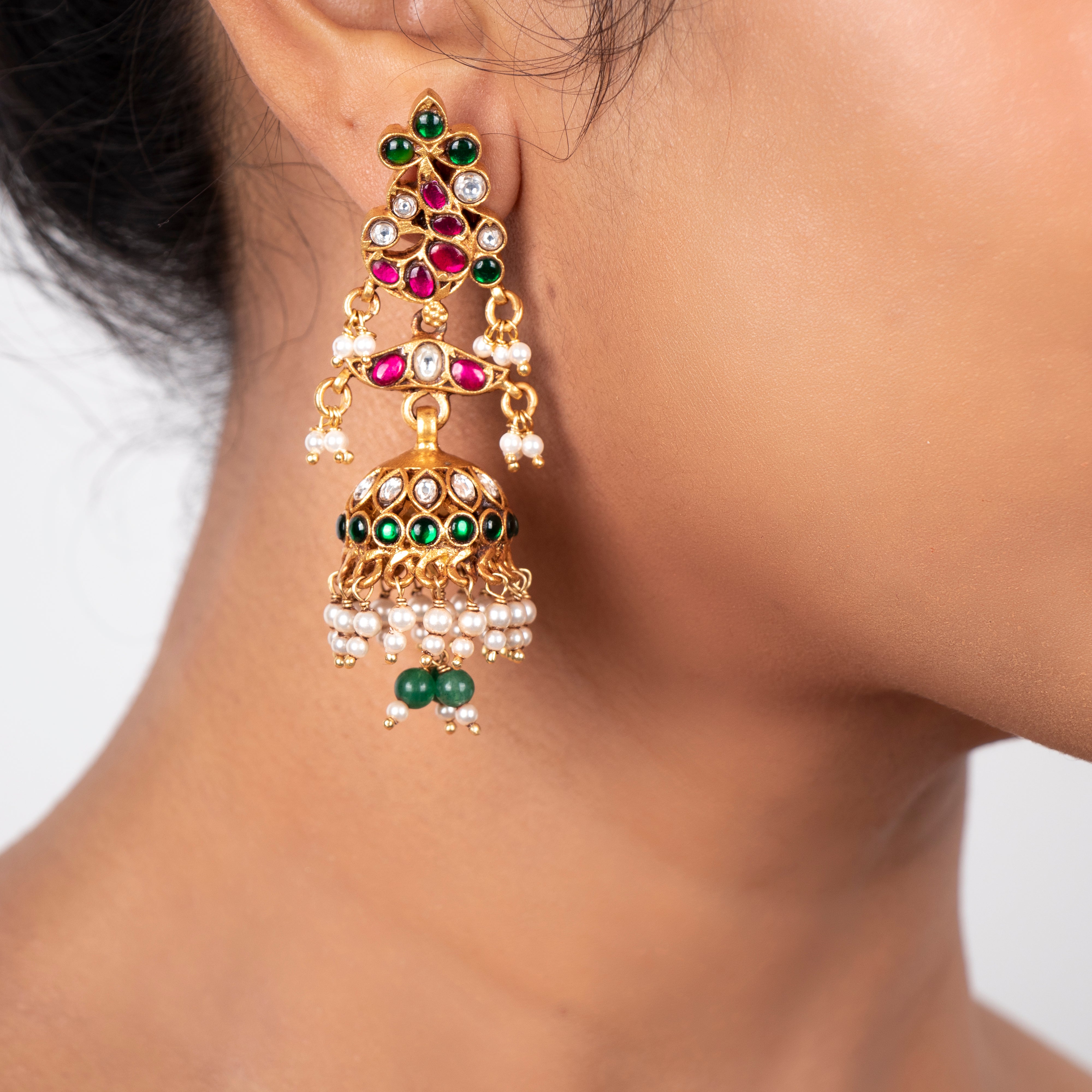 Triple Aura Kundan Jhumkas