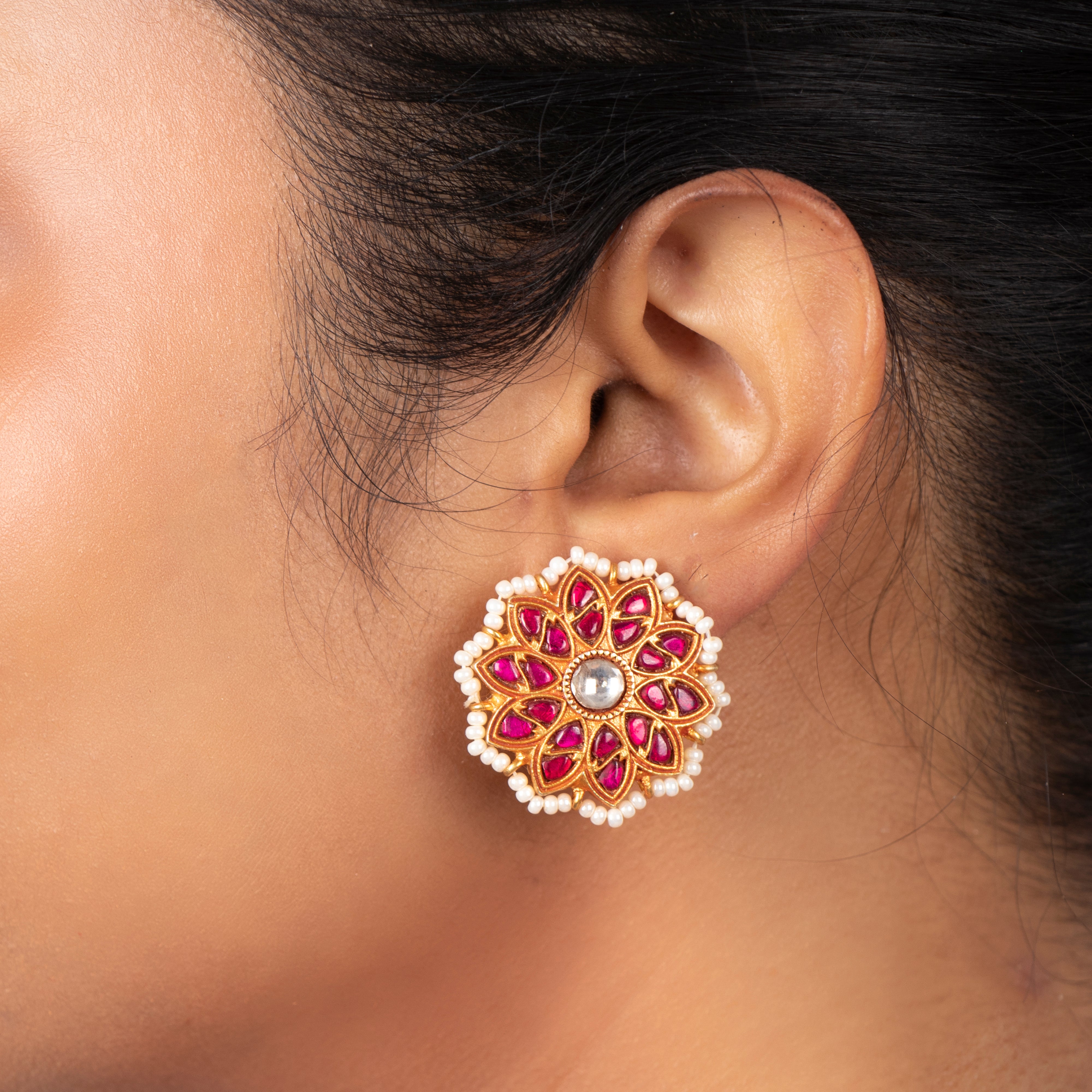 Evara Kundan Moti earrings worn showcasing floral traditional design