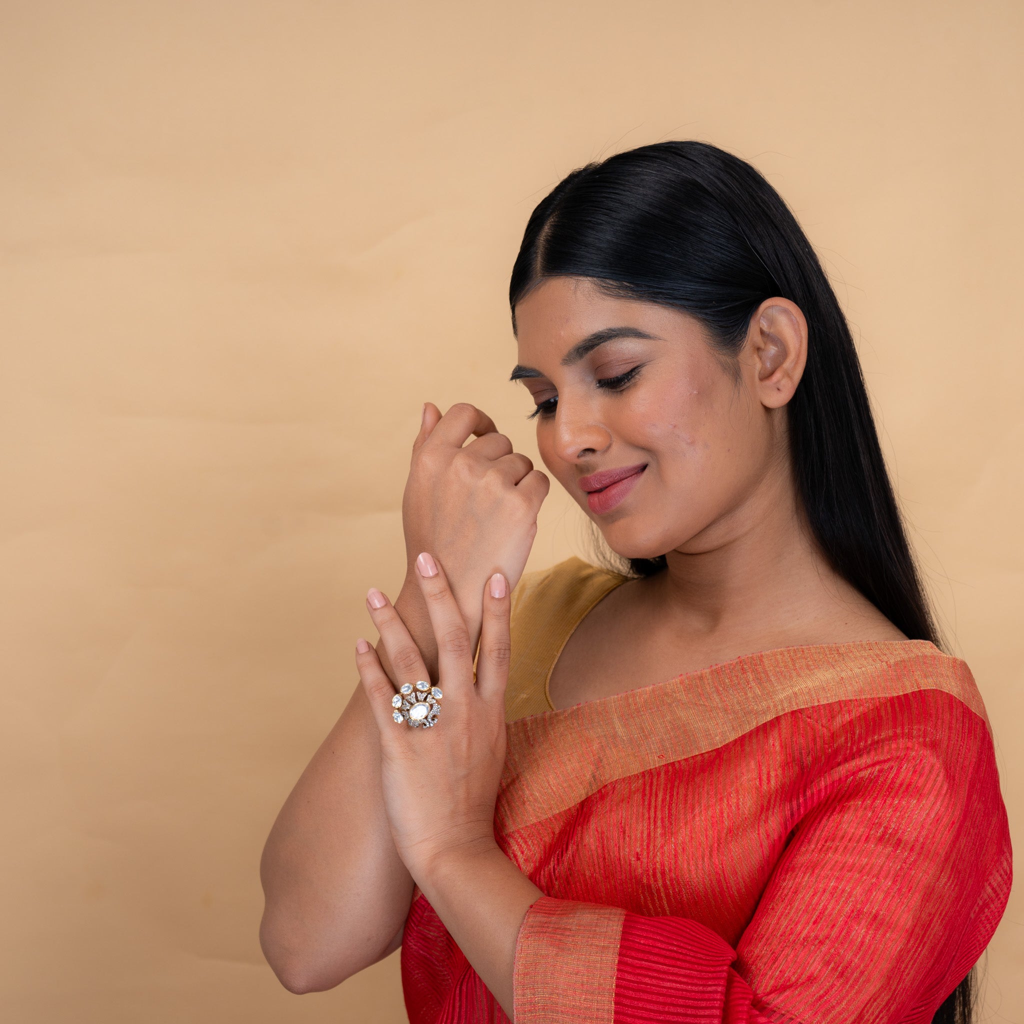 Model wearing Kehlani Victorian ring in 925 sterling silver by Aurika