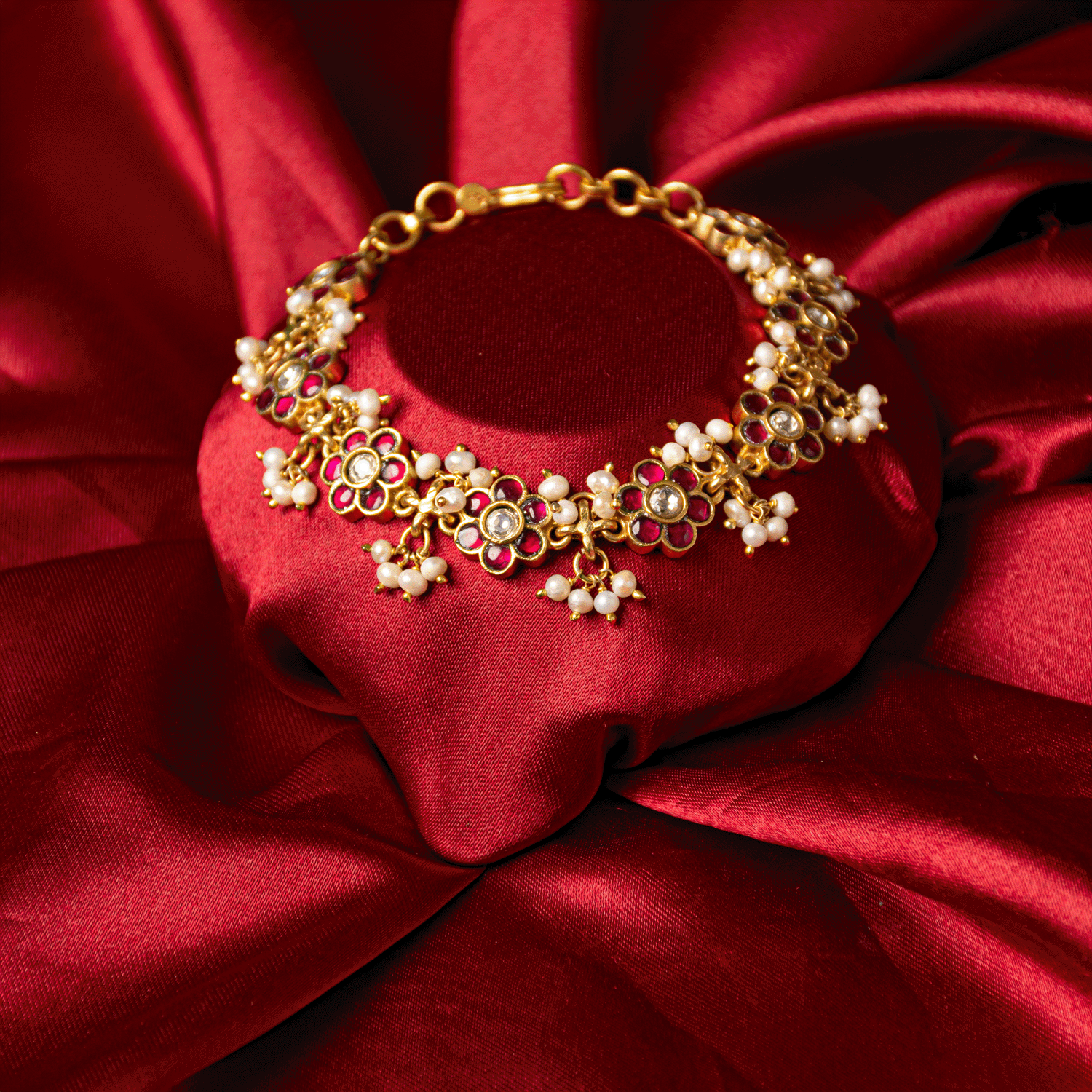 Aurika handcrafted 925 silver bracelet with kundan and pearl detailing