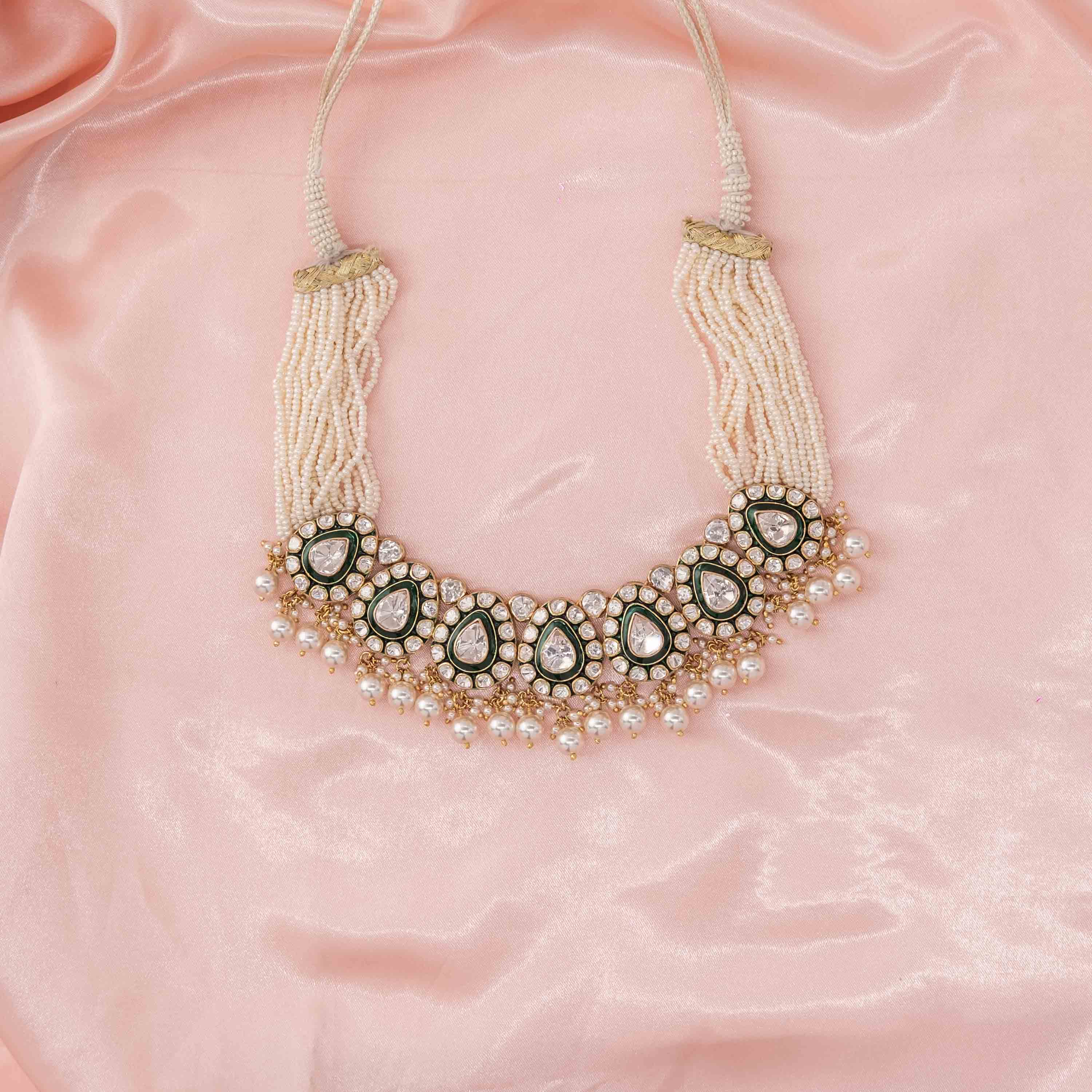 Zehra Green Polki necklace in 925 sterling silver with gold plating, Moissanite Polki, green enamel detailing, CZ stones and pearl cluster fringe