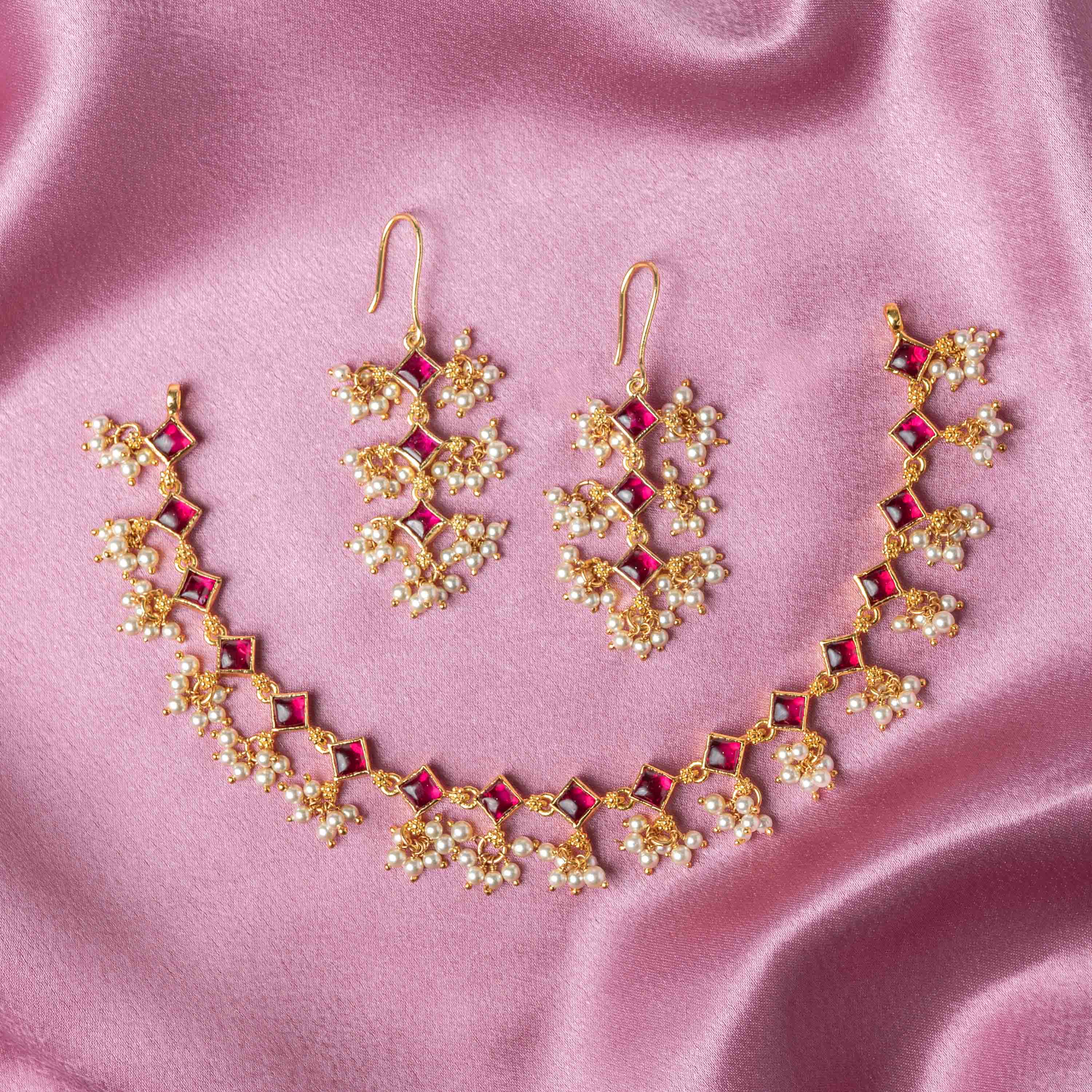 Ruchira CZ Necklace in 925 sterling silver with gold plating, semi-precious emeralds, CZ stones and Swarovski pearls