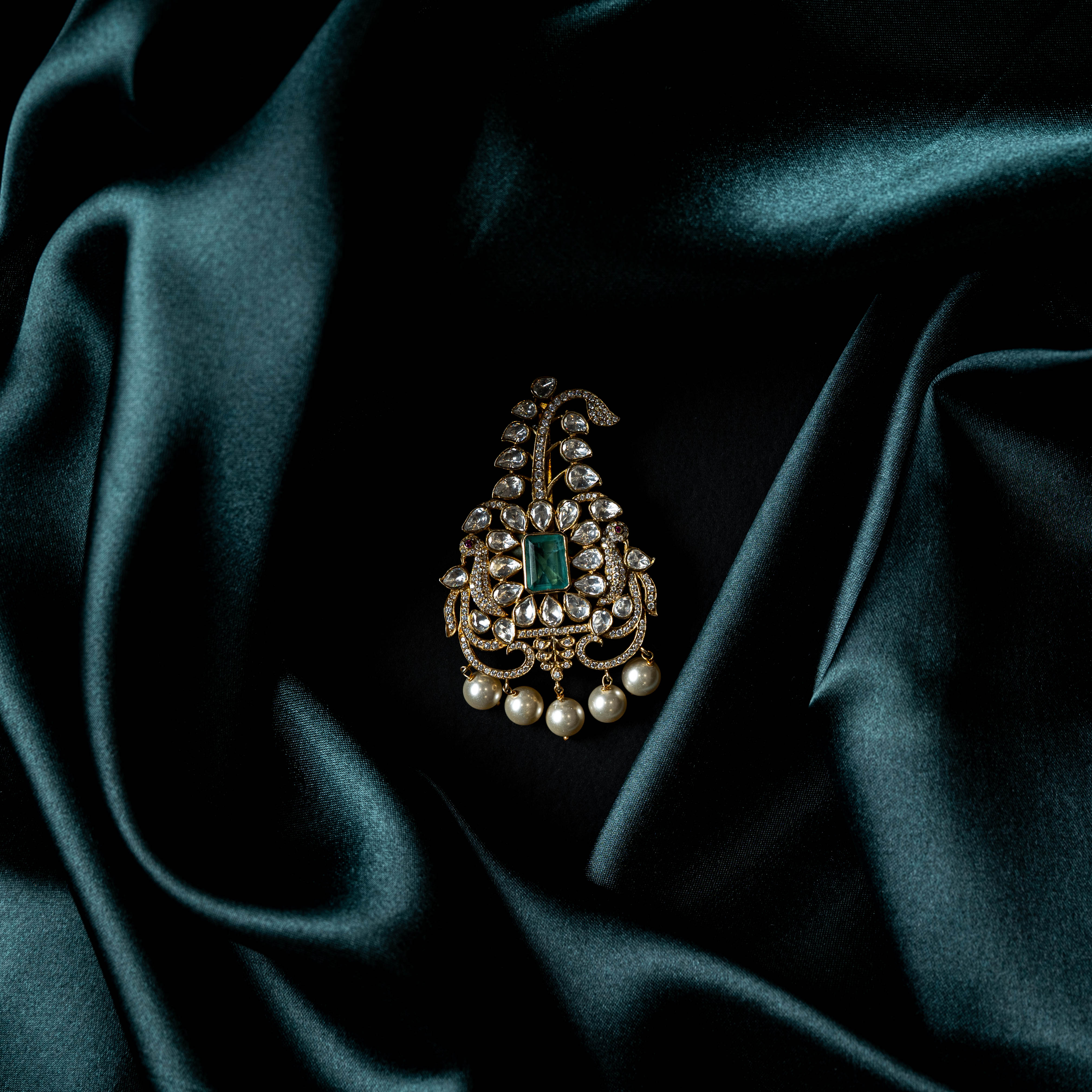 Back of the kalangi showing the brooch pin bar and pearl drops in Victorian plated 925 silver